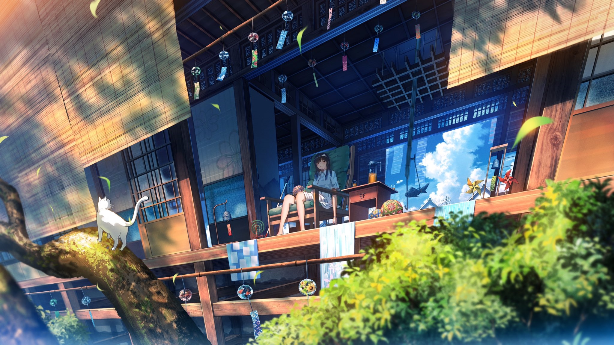 Anime girl relaxing on a porch with a cat HD Wallpaper