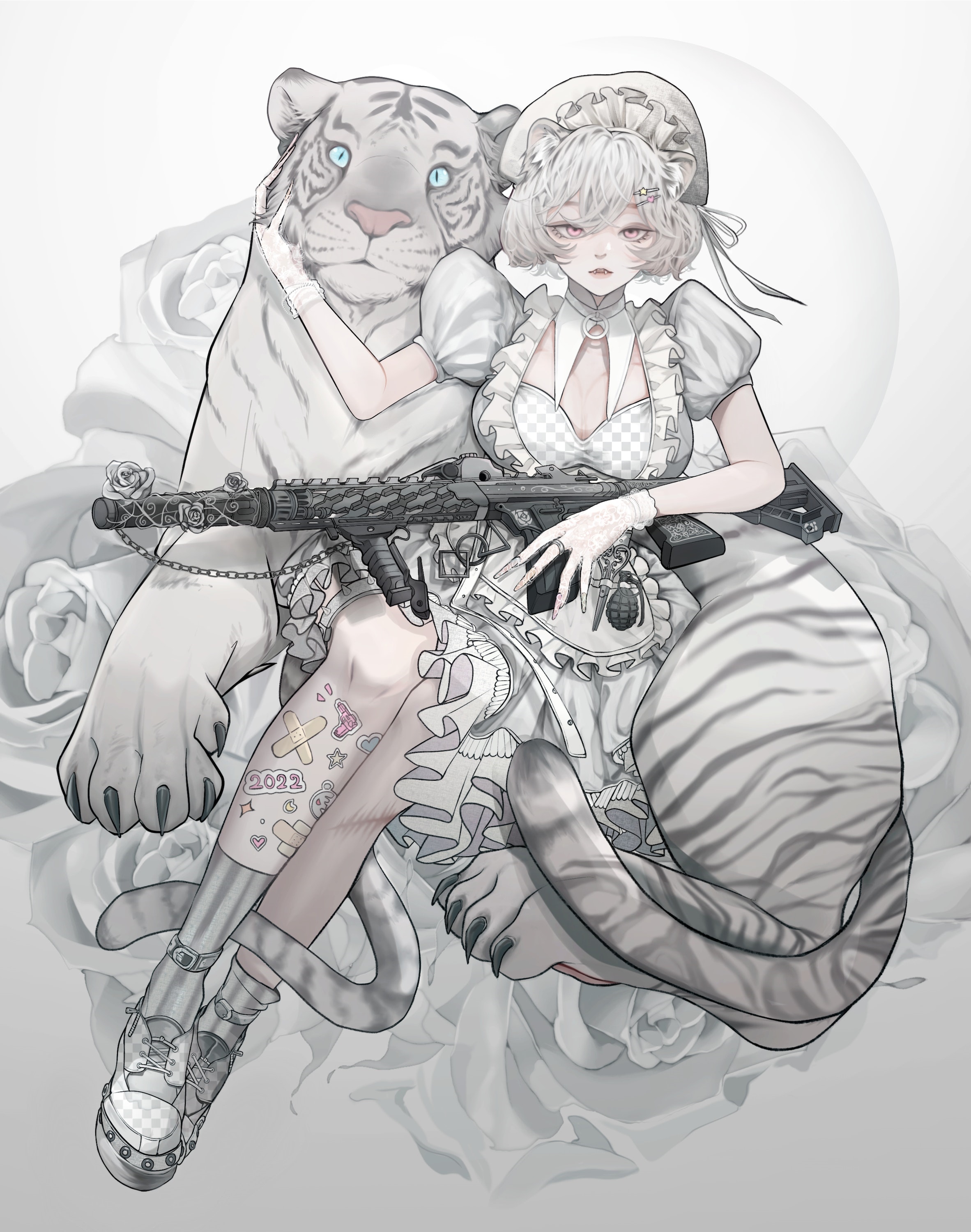 Girl with white tiger and assault rifle HD Phone Wallpaper