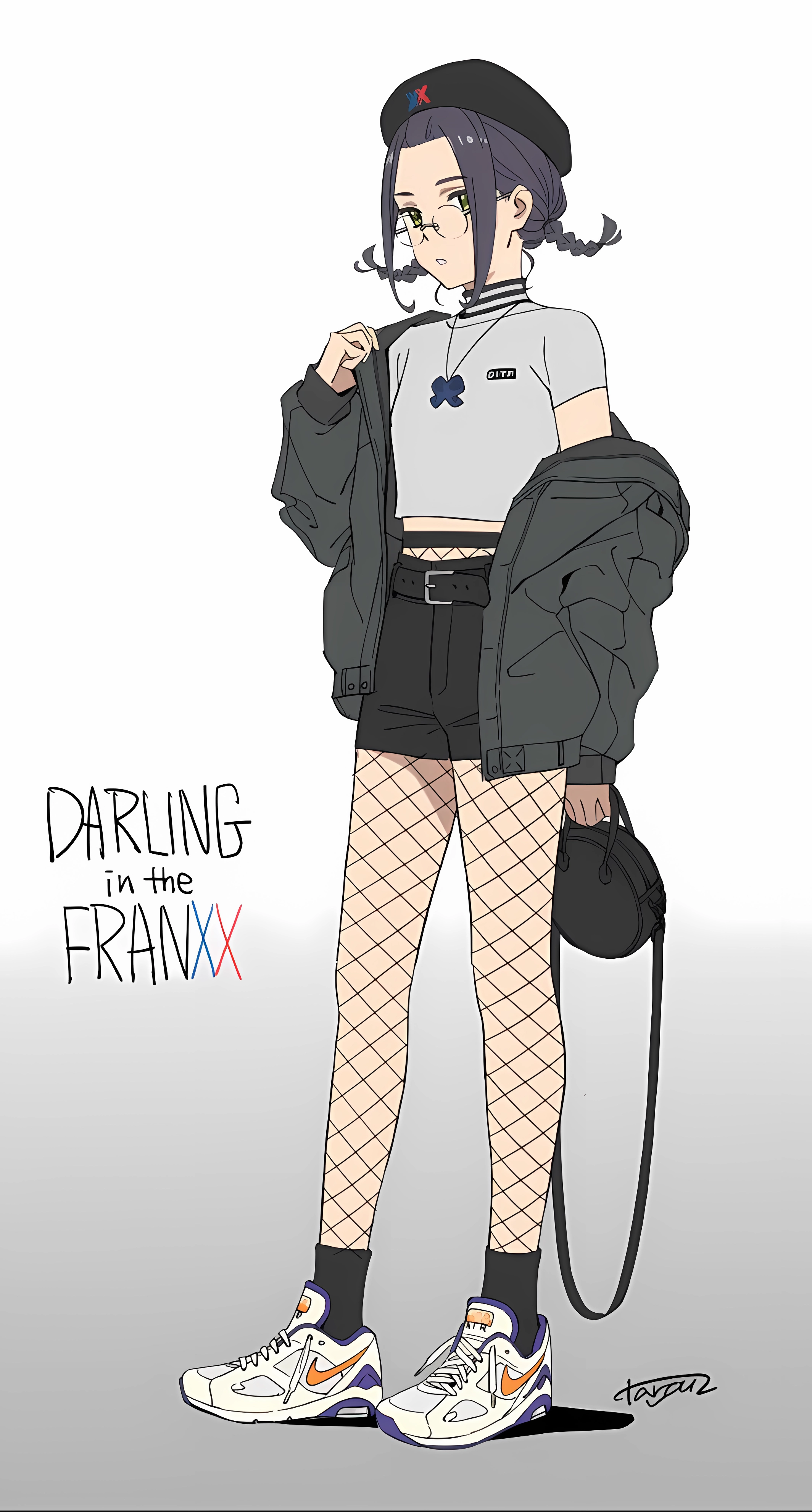 Ikuno from Darling in the FranXX wearing a beret and fishnets HD Phone Wallpaper