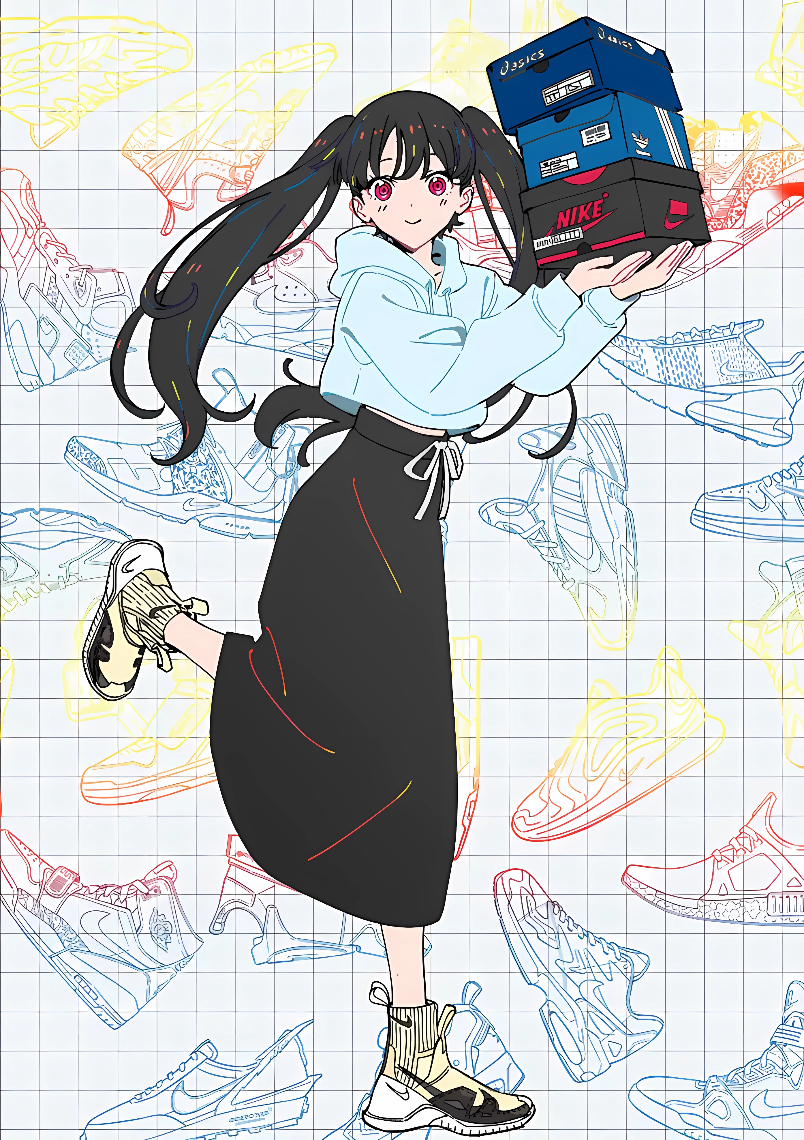 Girl with twintails holding Nike and Asics shoe boxes HD Phone Wallpaper