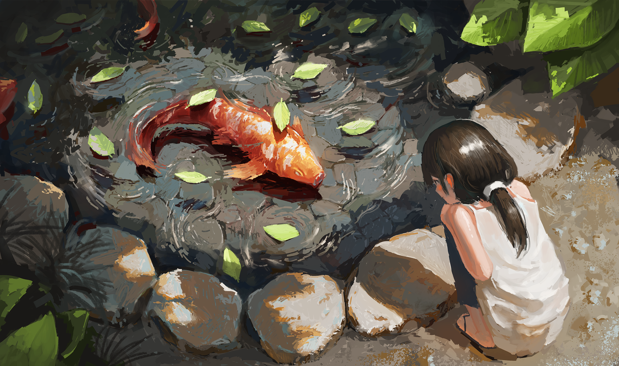 Girl watches a koi fish in a pond with leaves HD Wallpaper