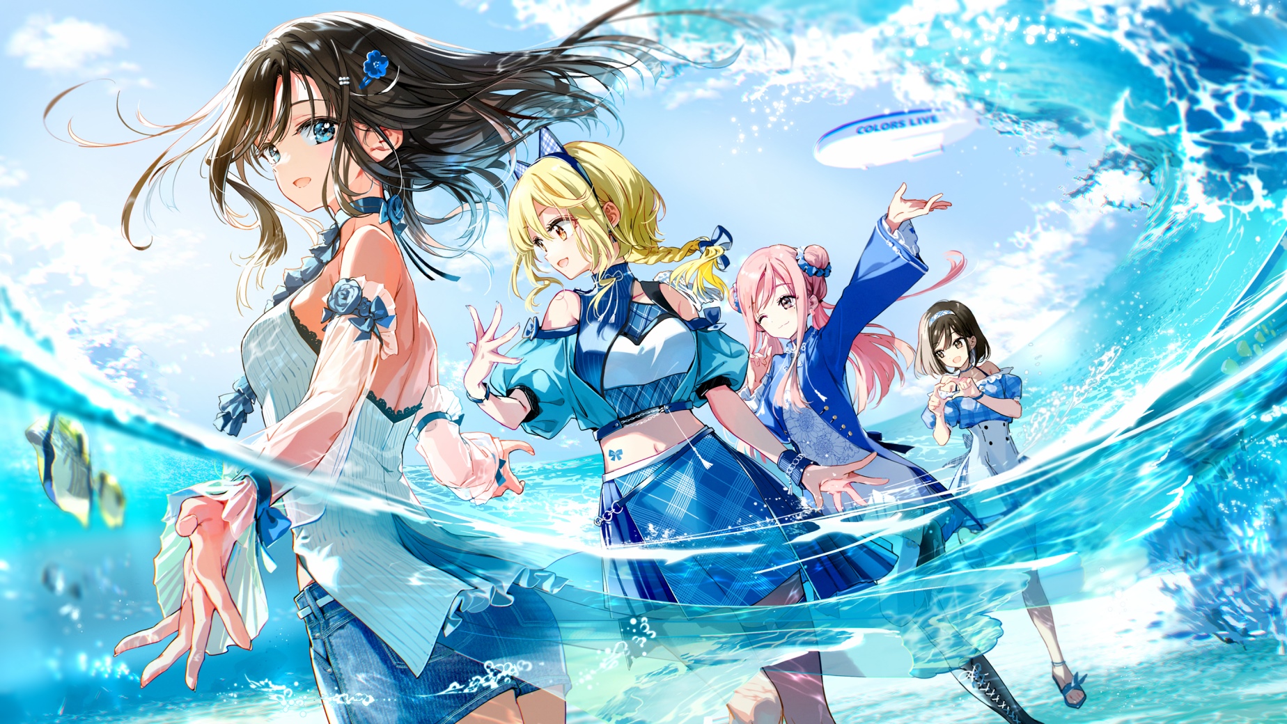 Four girls in blue outfits in the ocean with a blimp HD Wallpaper