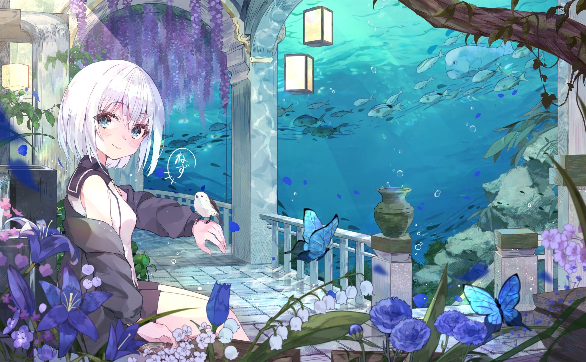 Girl with bird and butterflies by underwater aquarium HD Wallpaper
