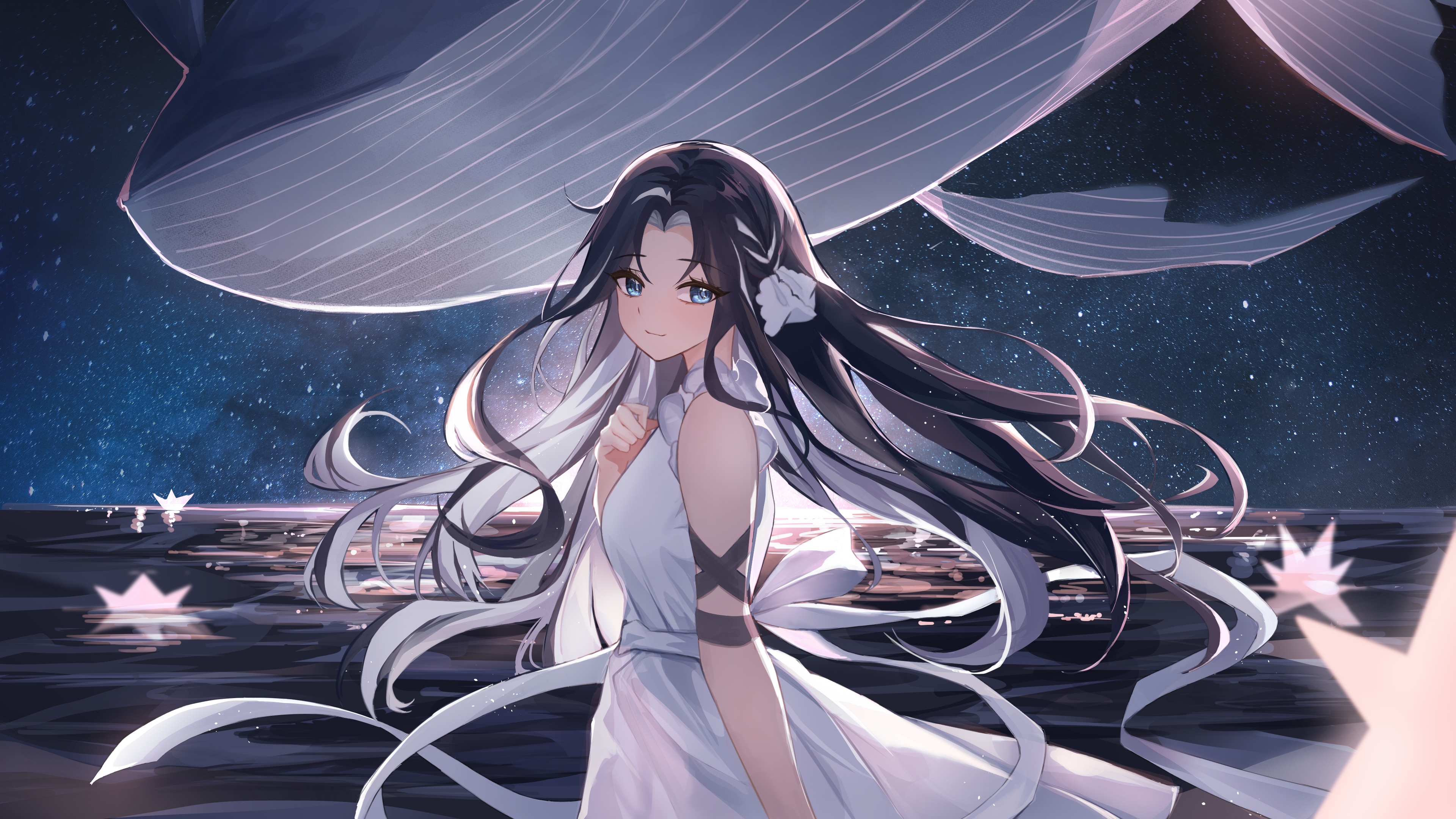 4K whale and girl under starry sky HD Wallpaper