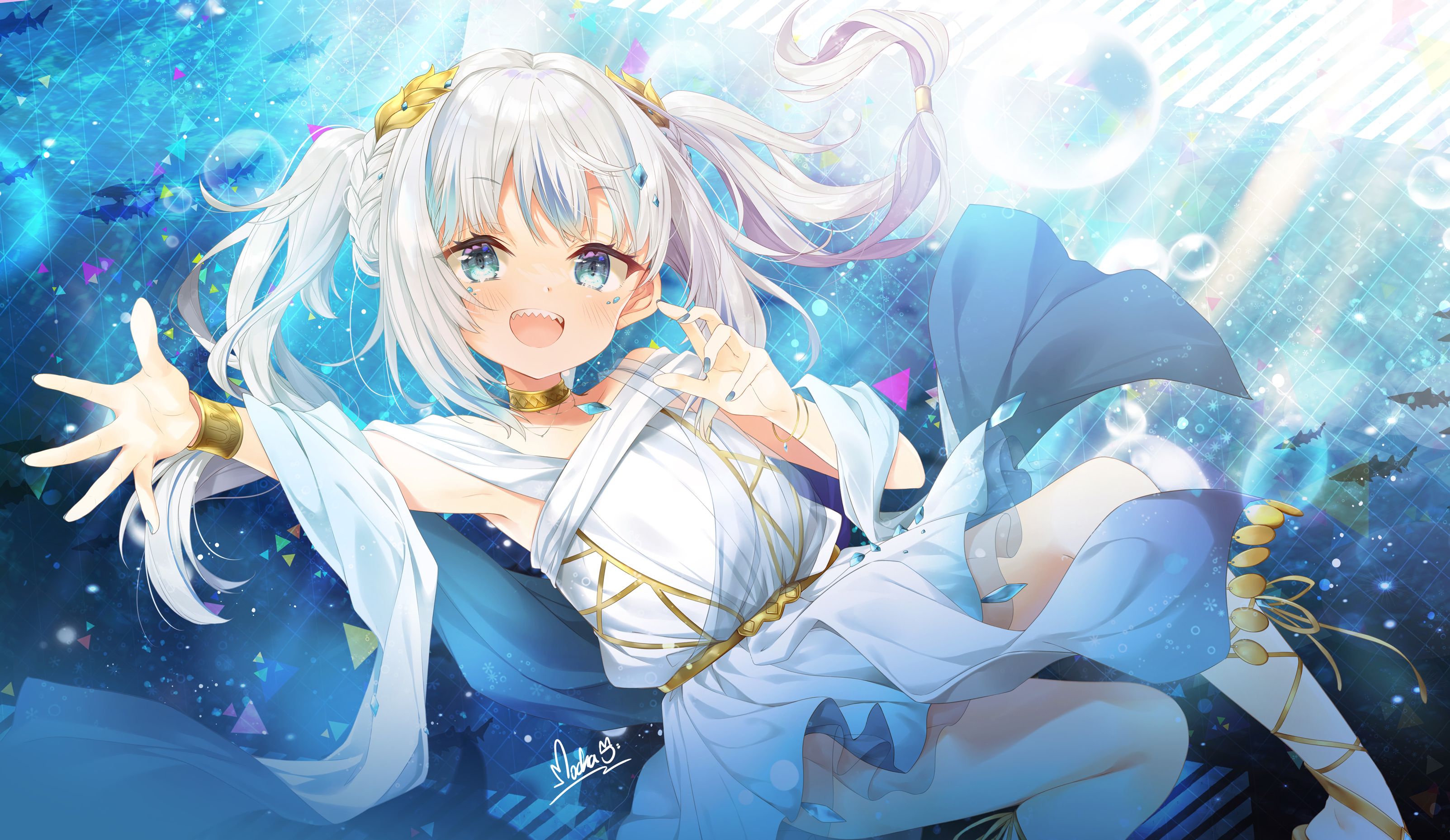 Gawr Gura in a white and blue outfit underwater HD Wallpaper