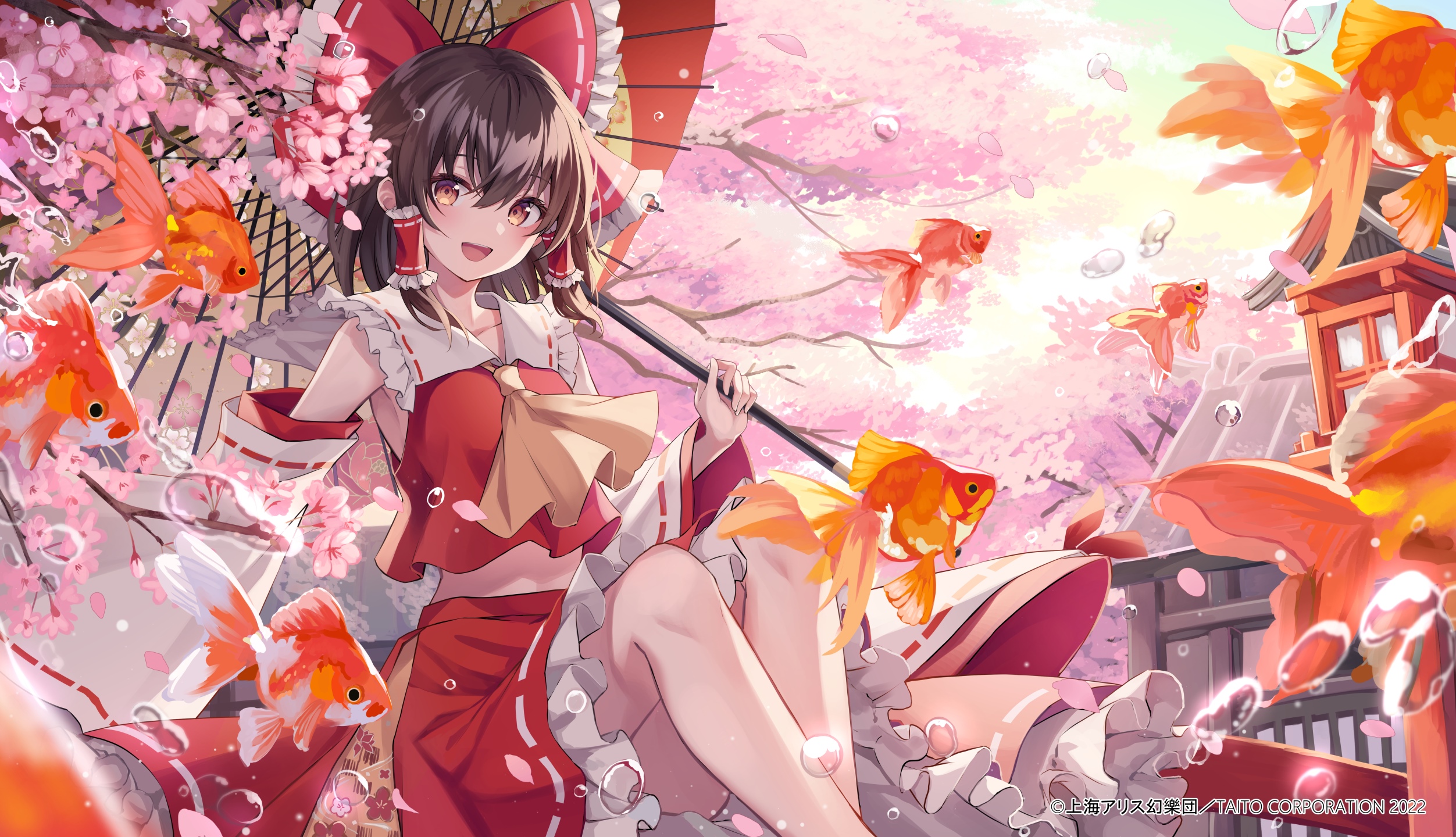 Hakurei Reimu with Goldfish and Cherry Blossoms HD Wallpaper