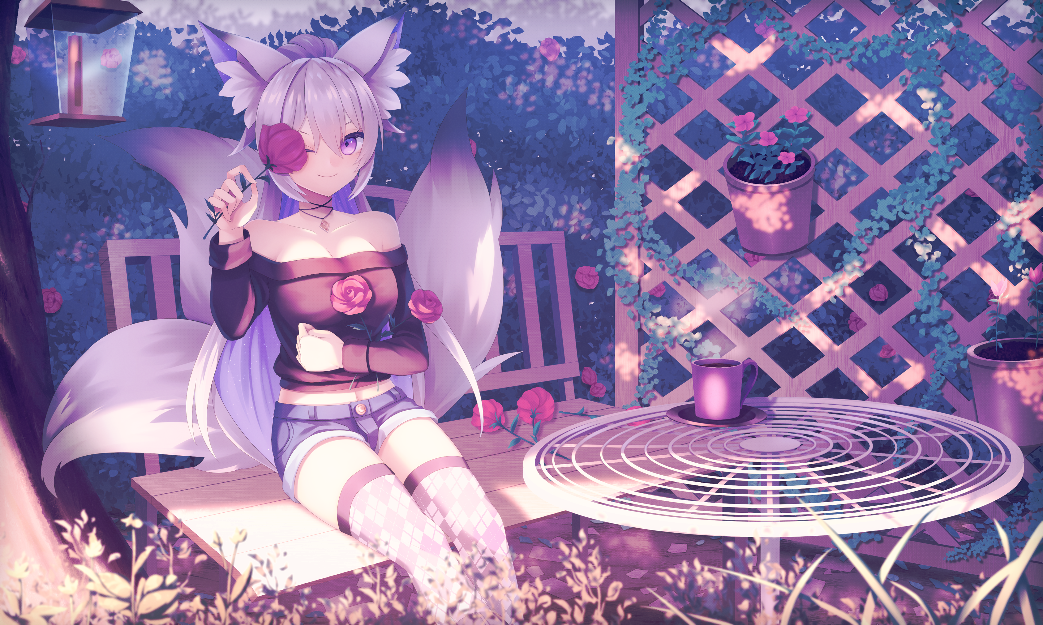 Fox girl with roses in a garden HD Wallpaper