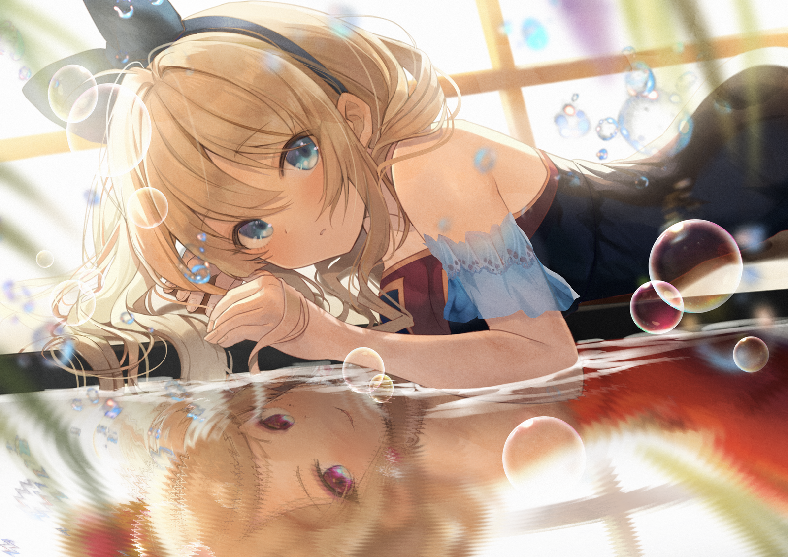 Girl with blonde hair and blue eyes with bubbles HD Wallpaper