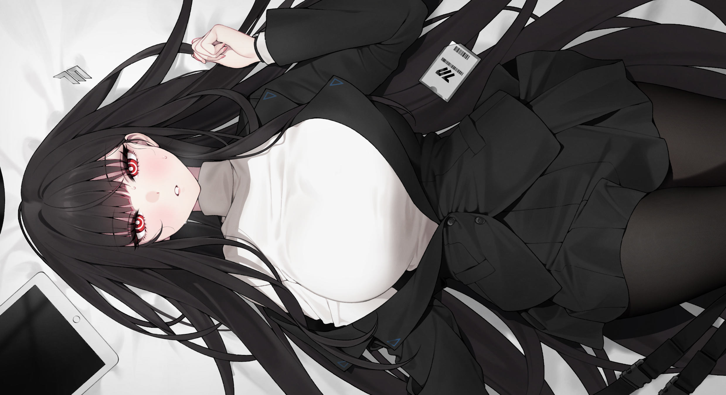 Girl with long black hair lying on back with tablet HD Wallpaper