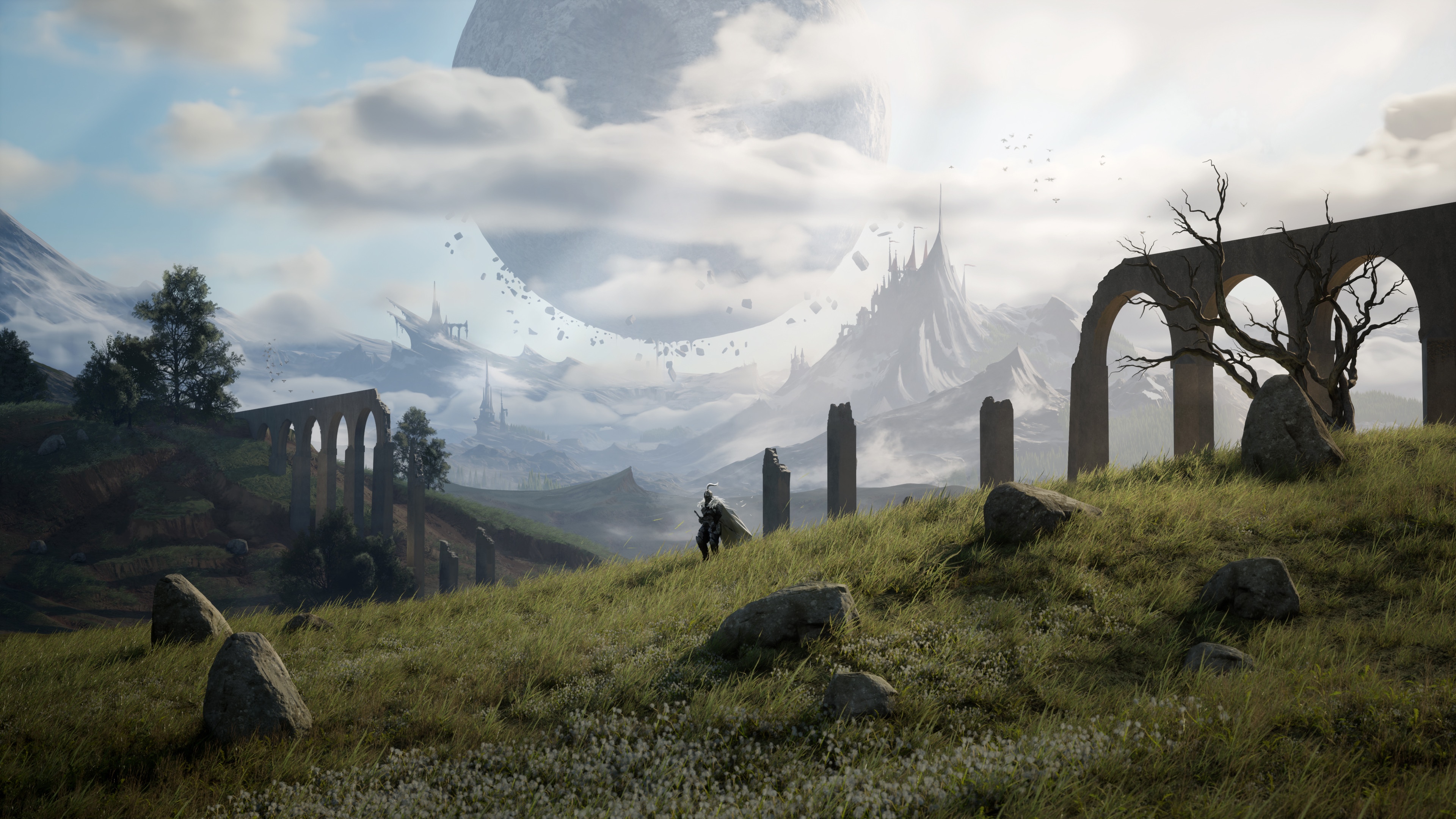 Fantasy landscape with ruins and mountains HD Wallpaper