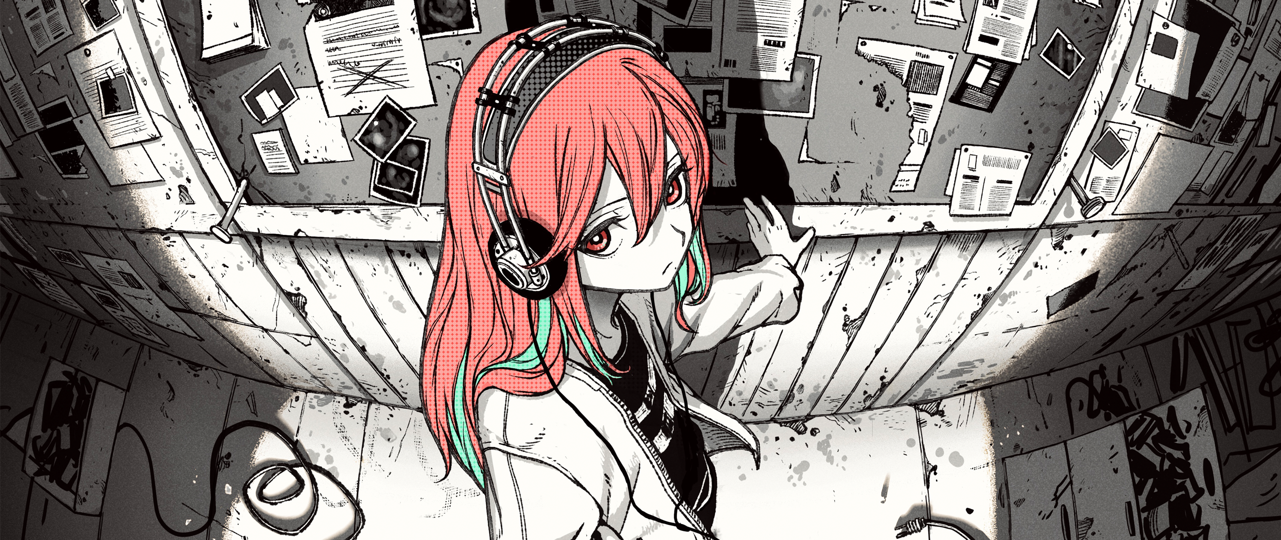 Girl with headphones in a room with papers HD Wallpaper