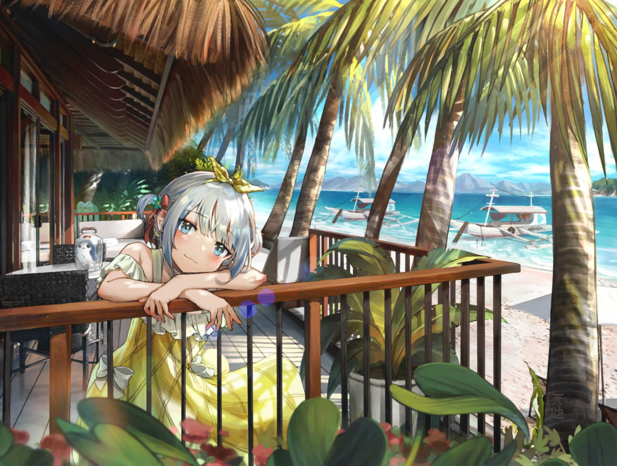 Gawr Gura on a tropical balcony overlooking the ocean HD Wallpaper