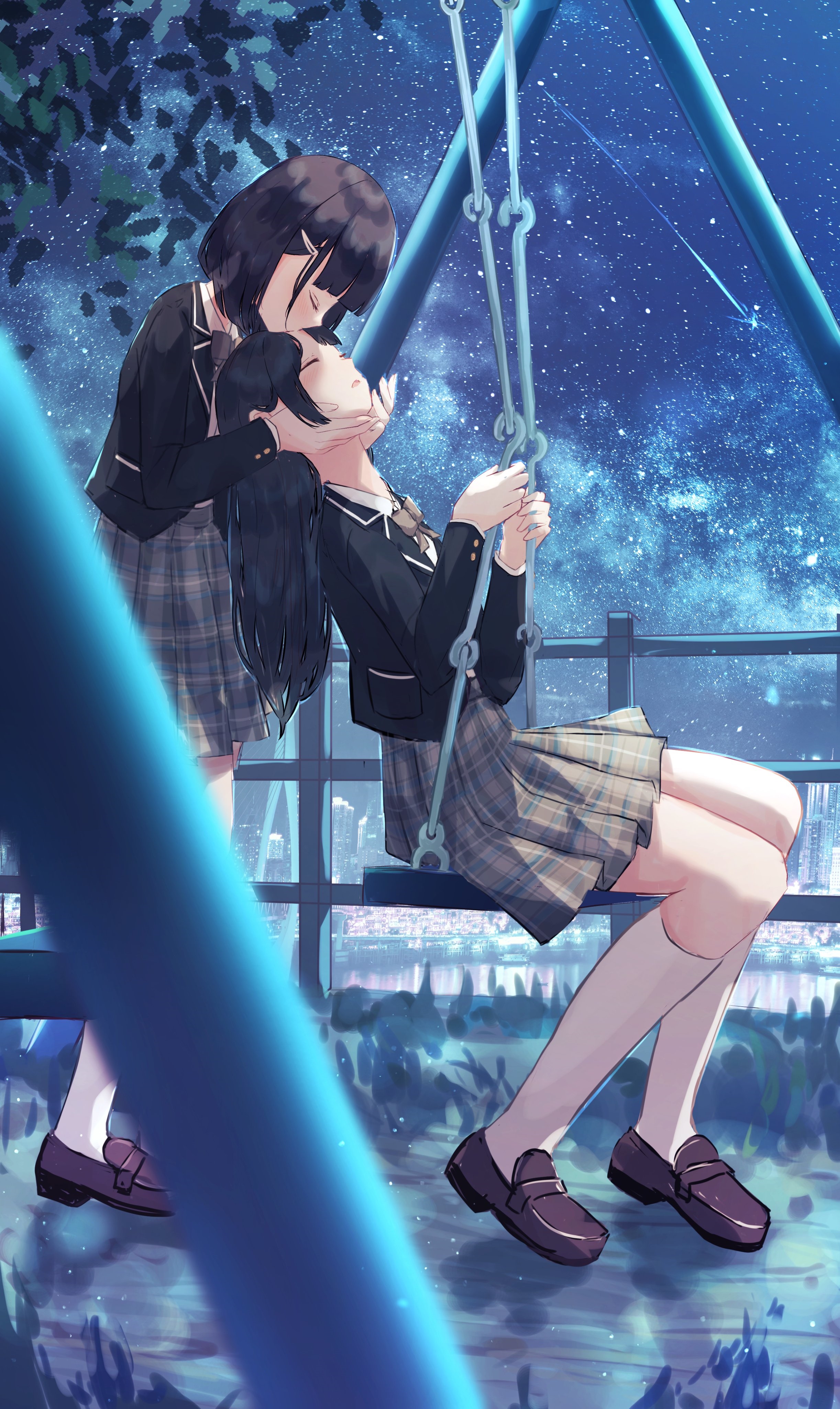 Two schoolgirls kissing on a swing under a starry sky HD Phone Wallpaper