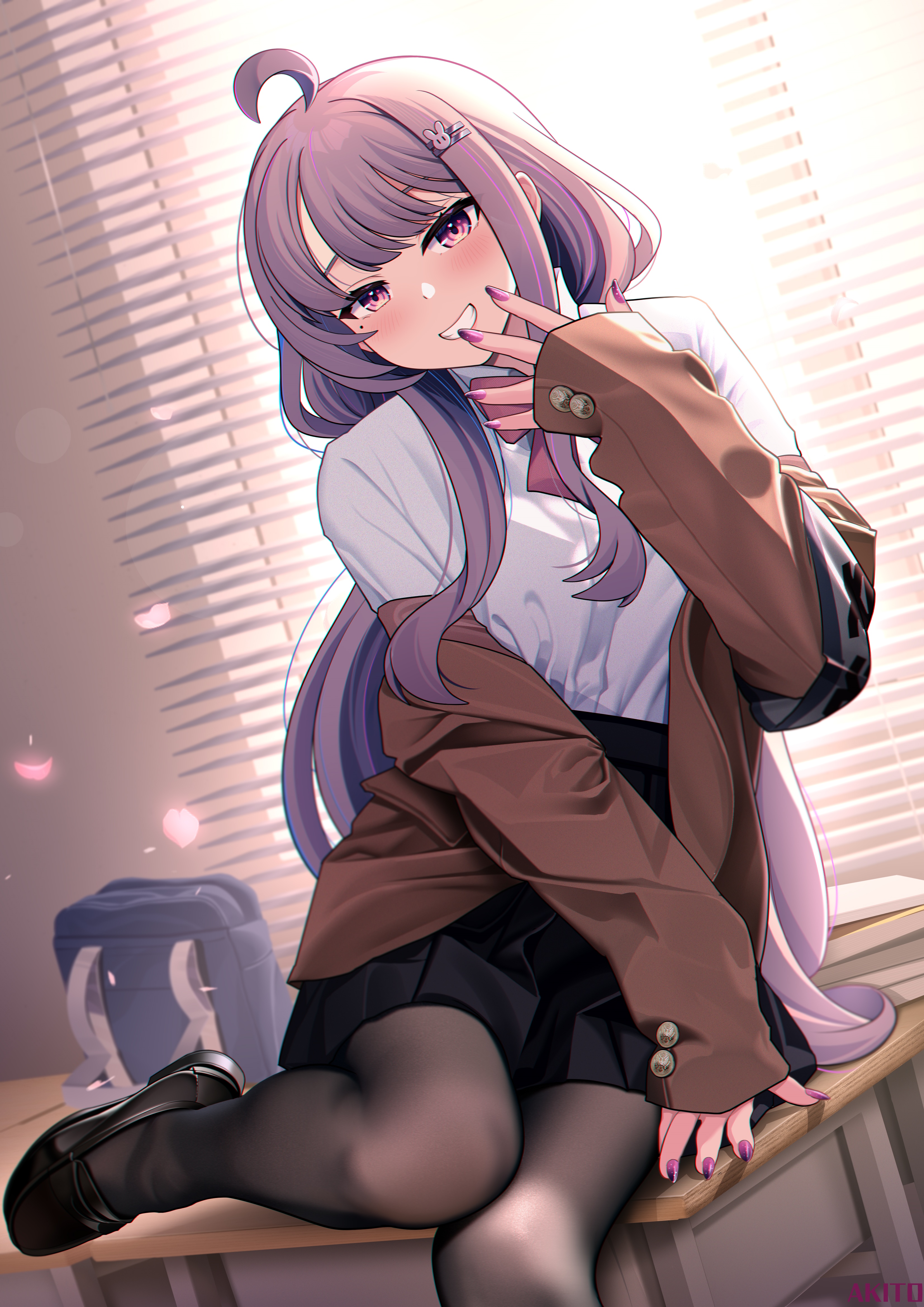 Anime girl with purple hair and eyes smiling HD Phone Wallpaper
