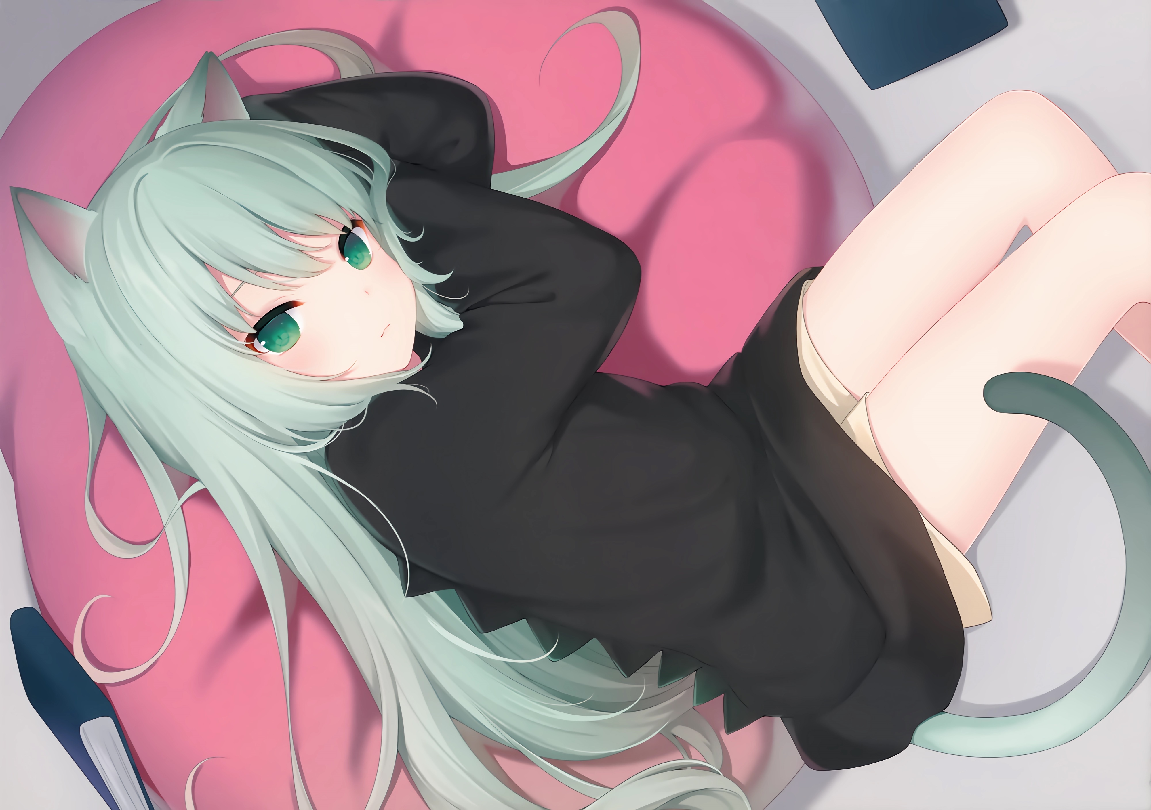 Cat girl lying on a pink pillow HD Wallpaper