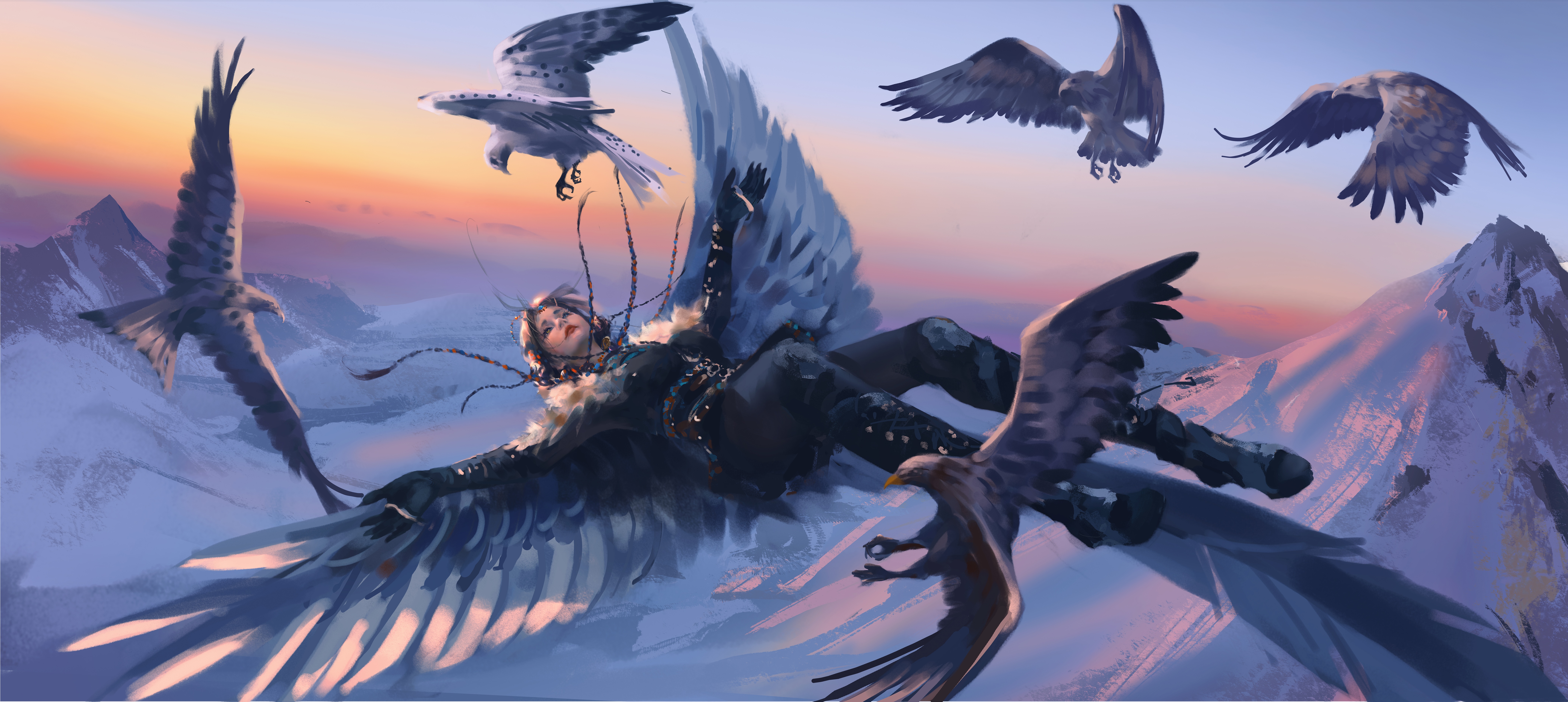 Fantasy girl with wings and falcons at sunset HD Wallpaper