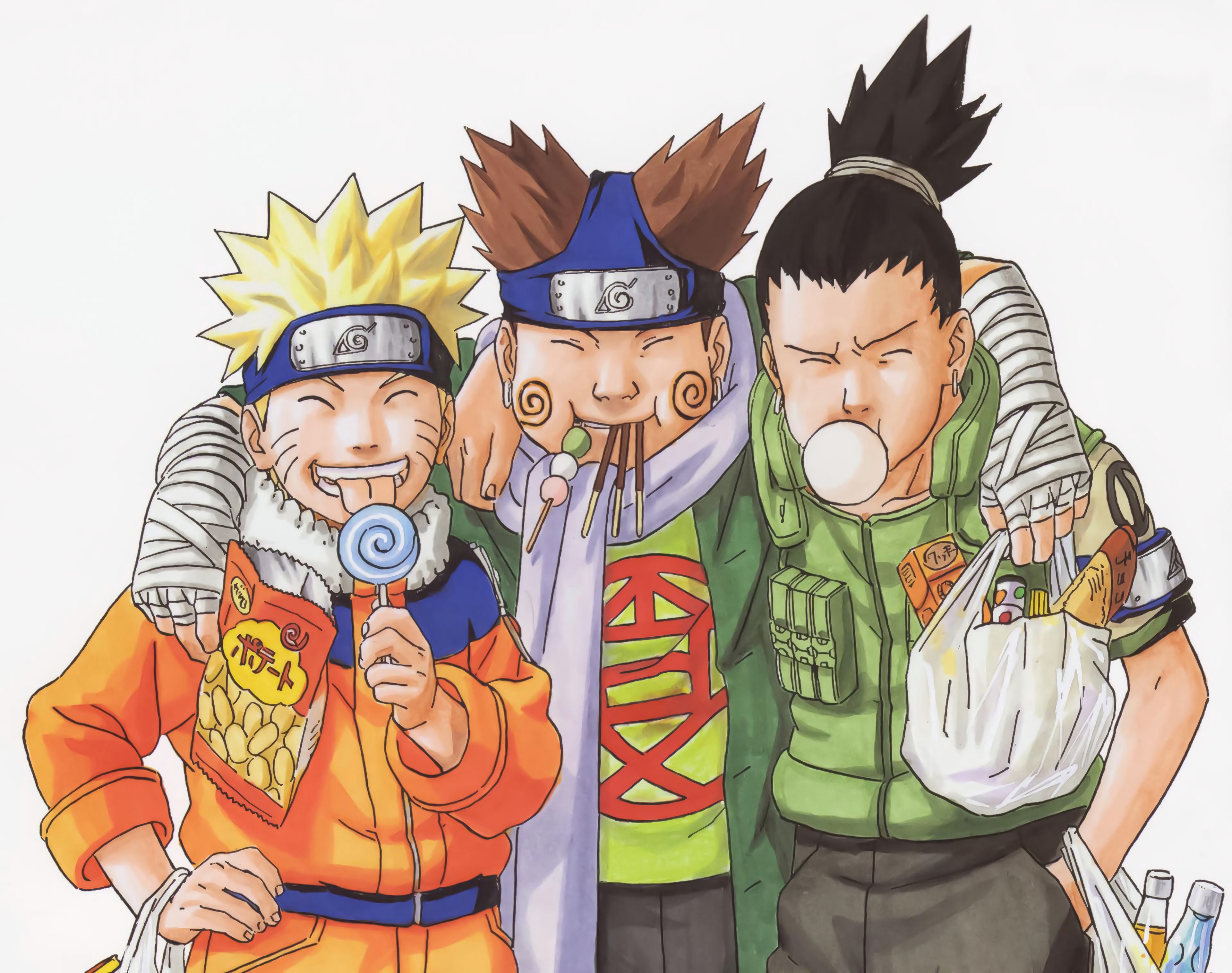 Naruto, Shikamaru, and Choji with snacks HD Wallpaper