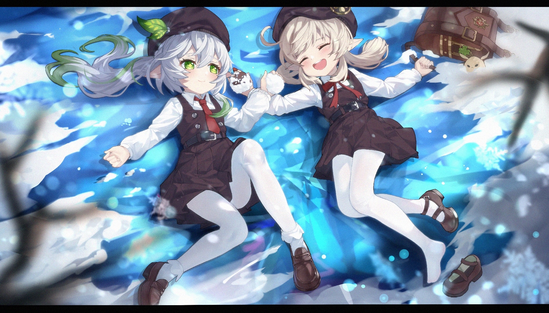 Nahida and Klee from Genshin Impact lying on snow HD Wallpaper