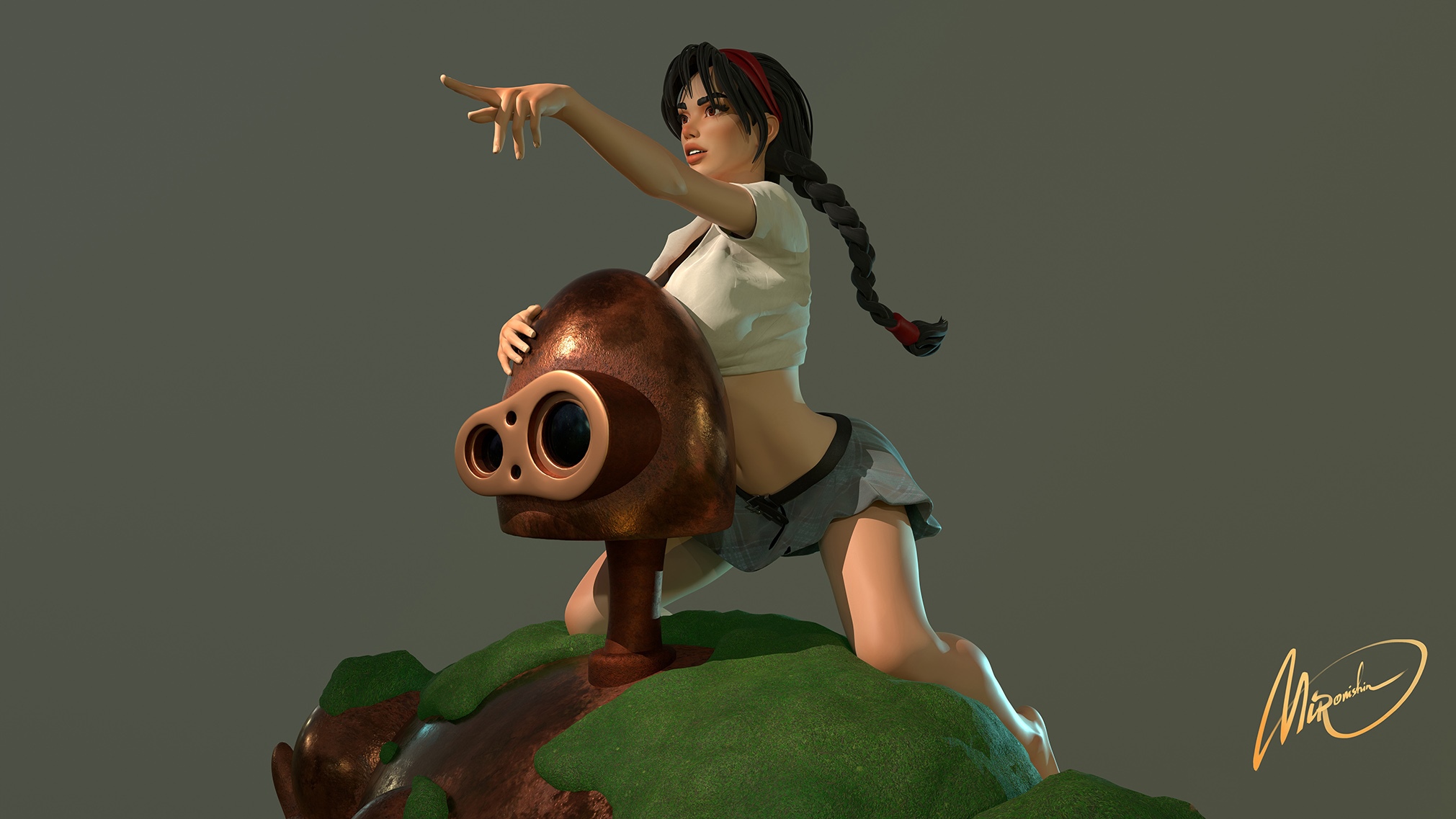 Girl with braids riding a robot creature HD Wallpaper