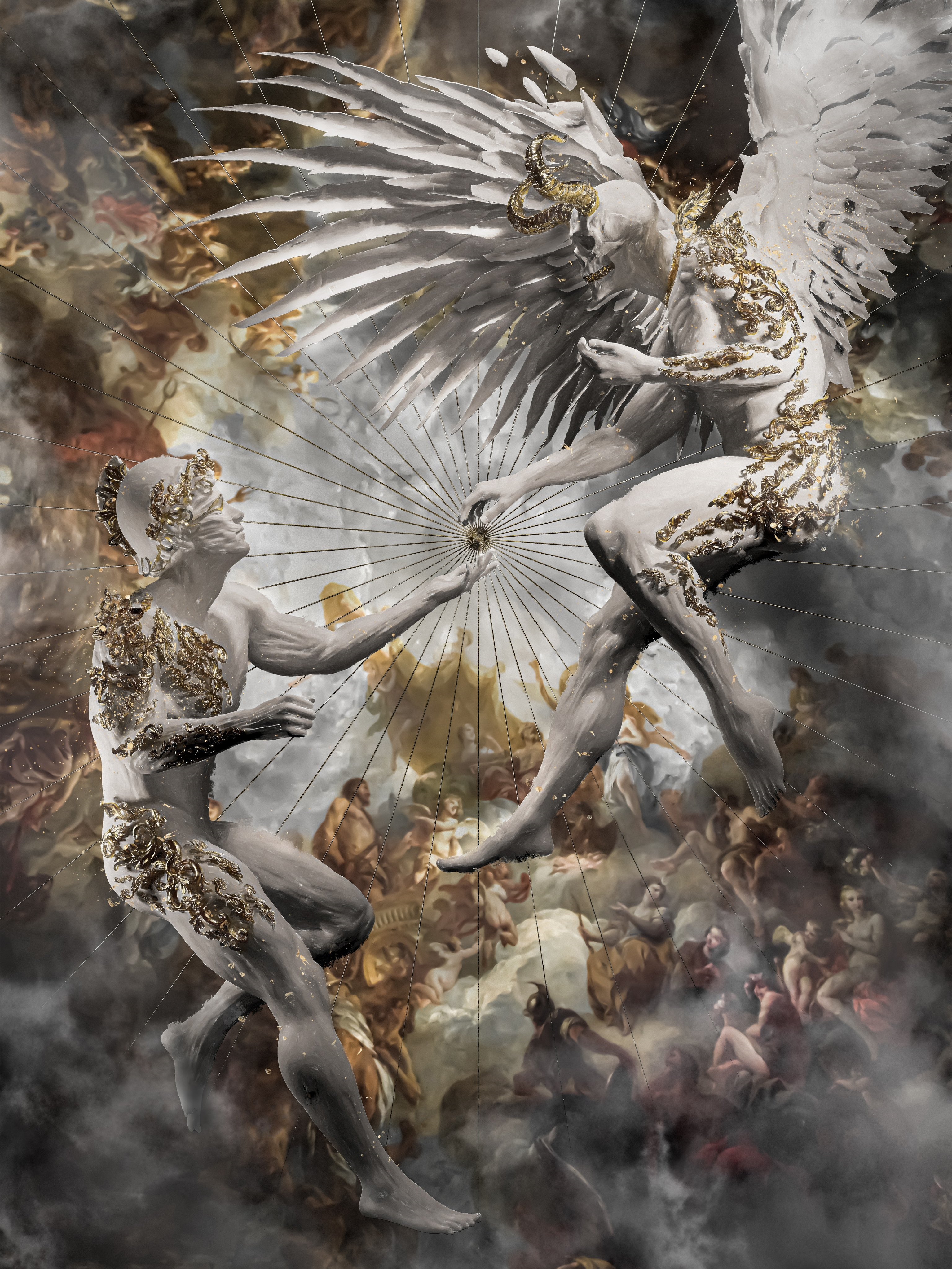 Angels with golden adornments in a celestial scene HD Phone Wallpaper