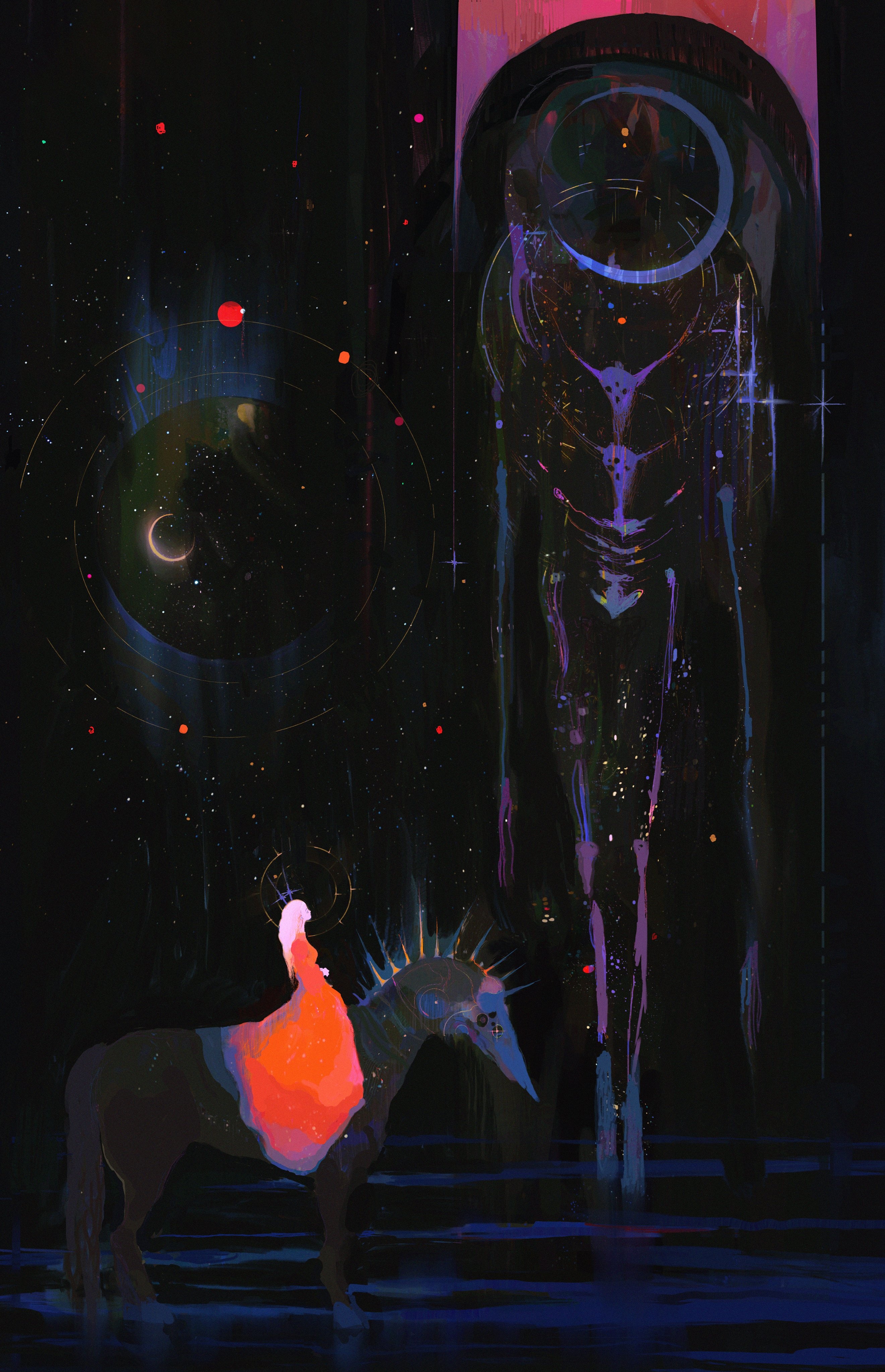 Illustration of a figure on a horse and a tall entity HD Phone Wallpaper