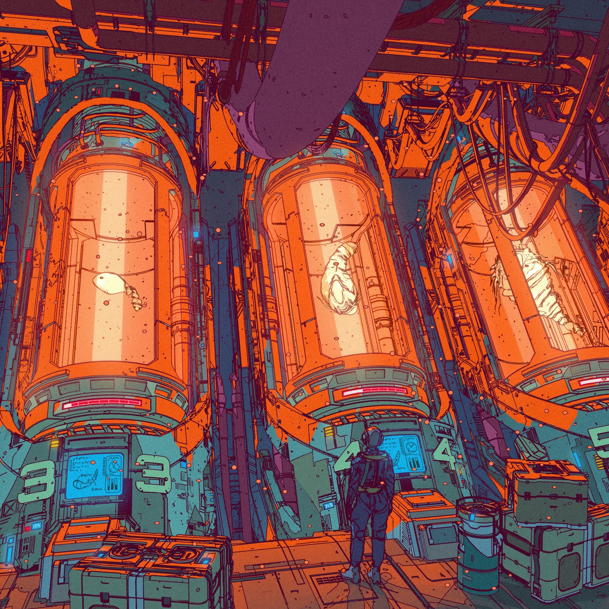 Futuristic laboratory with cryogenic pods and a scientist HD Wallpaper
