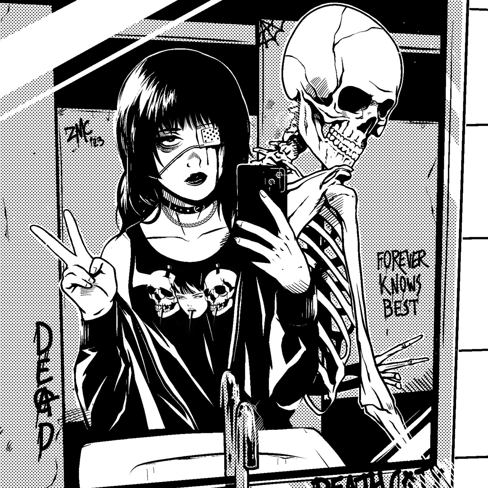 Gothic girl and skeleton taking a selfie in a mirror HD Wallpaper
