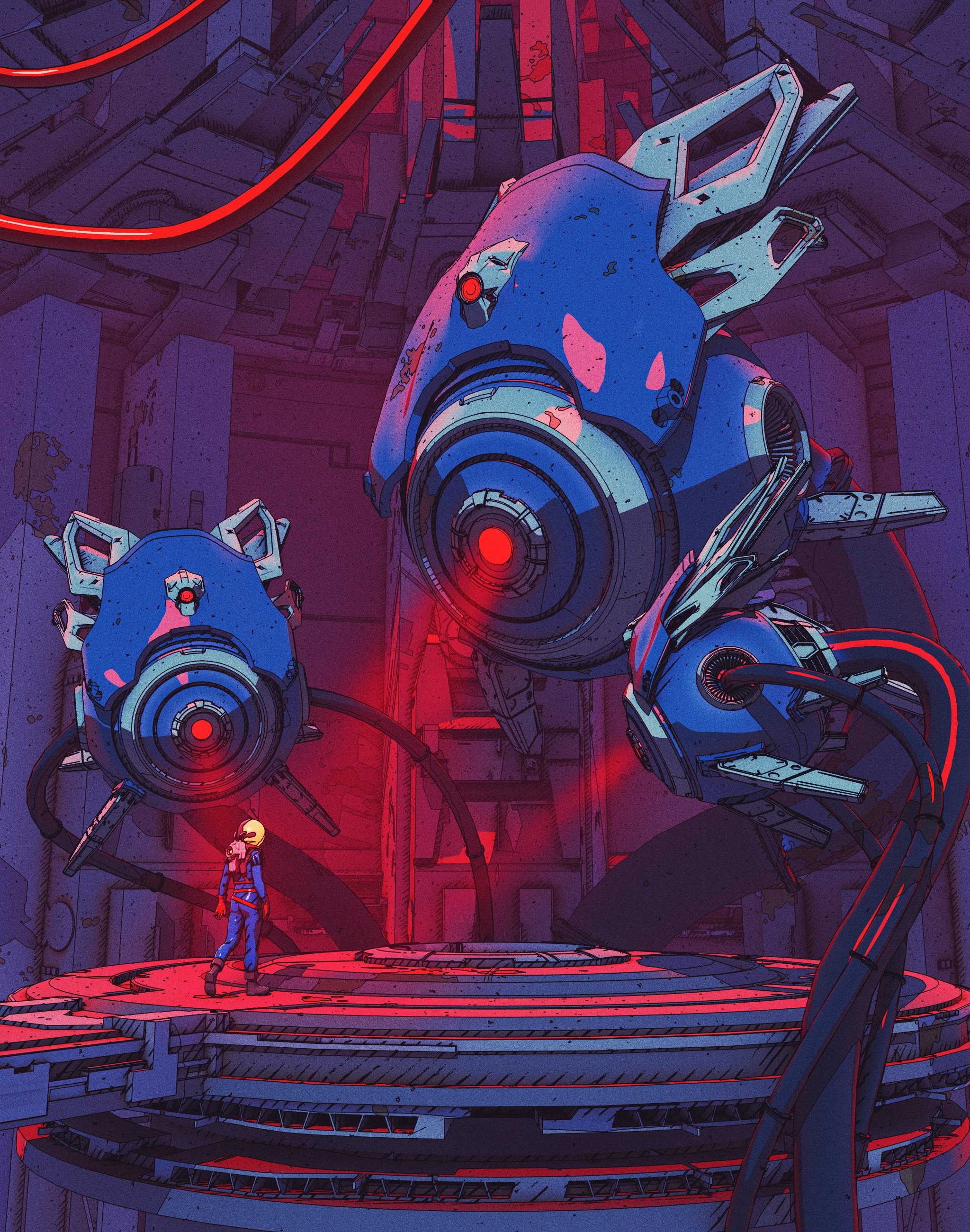 Astronaut in a futuristic chamber with large robots HD Phone Wallpaper