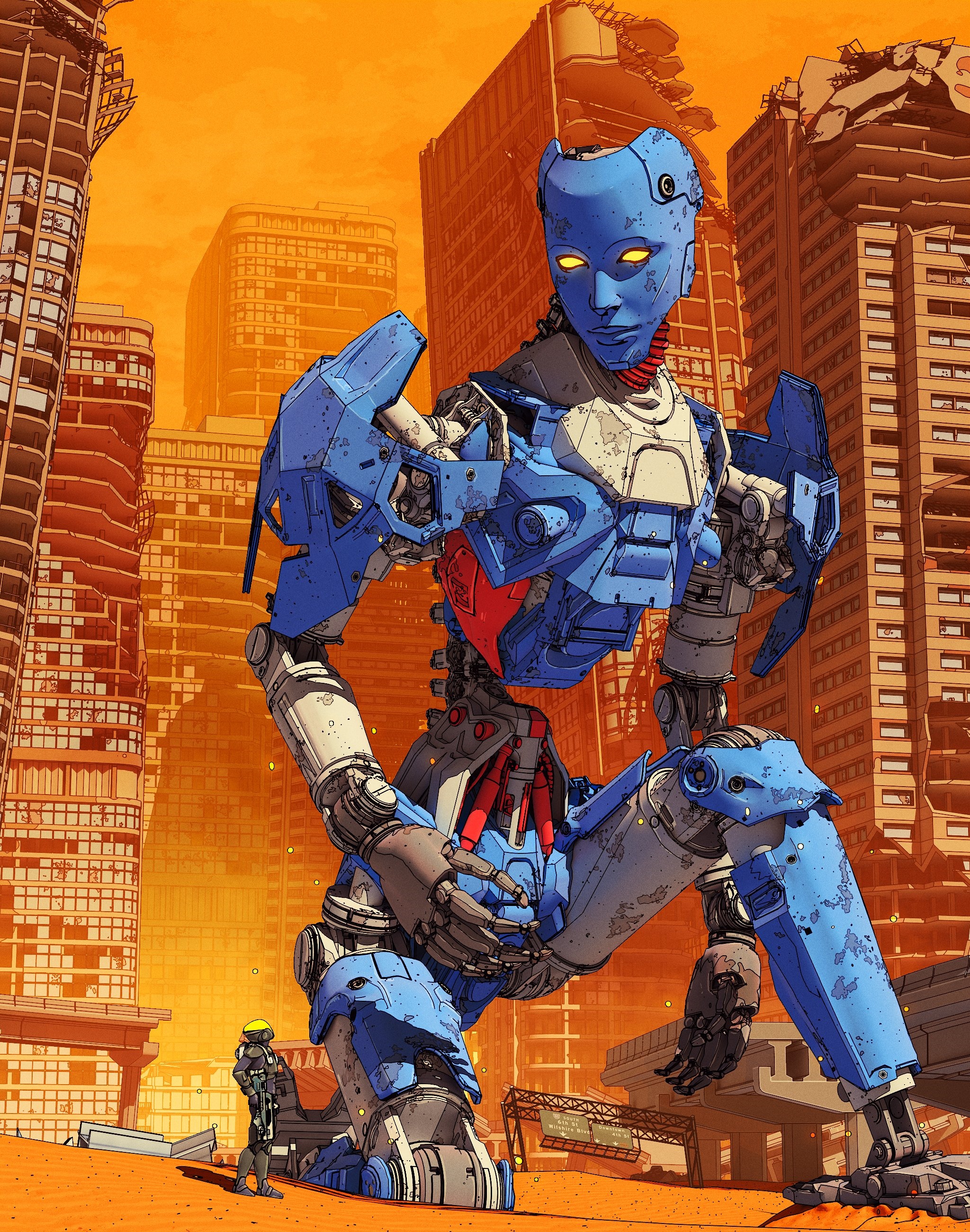 Giant blue robot in a destroyed city HD Phone Wallpaper