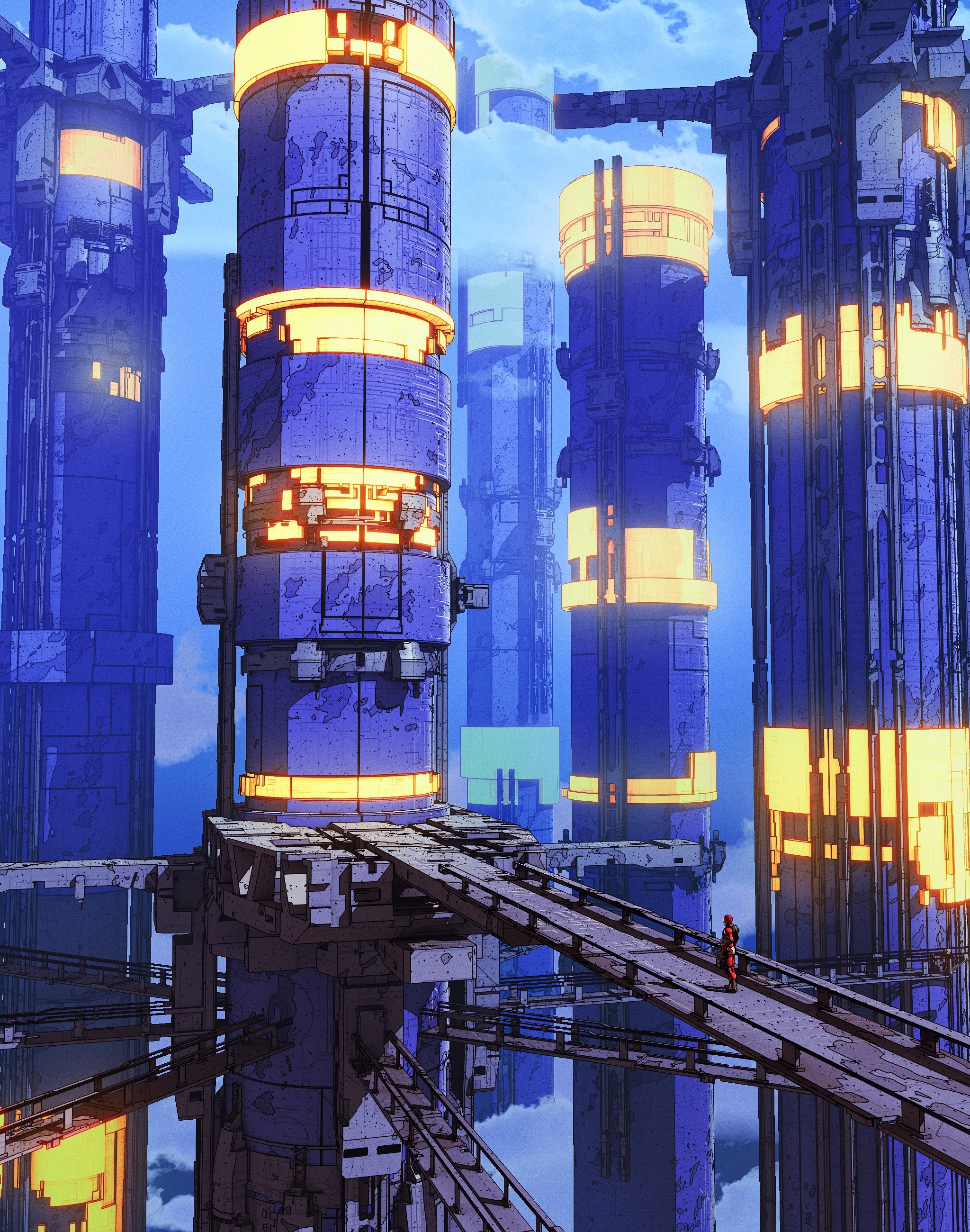 Cyberpunk city with tall blue towers and glowing lights HD Phone Wallpaper