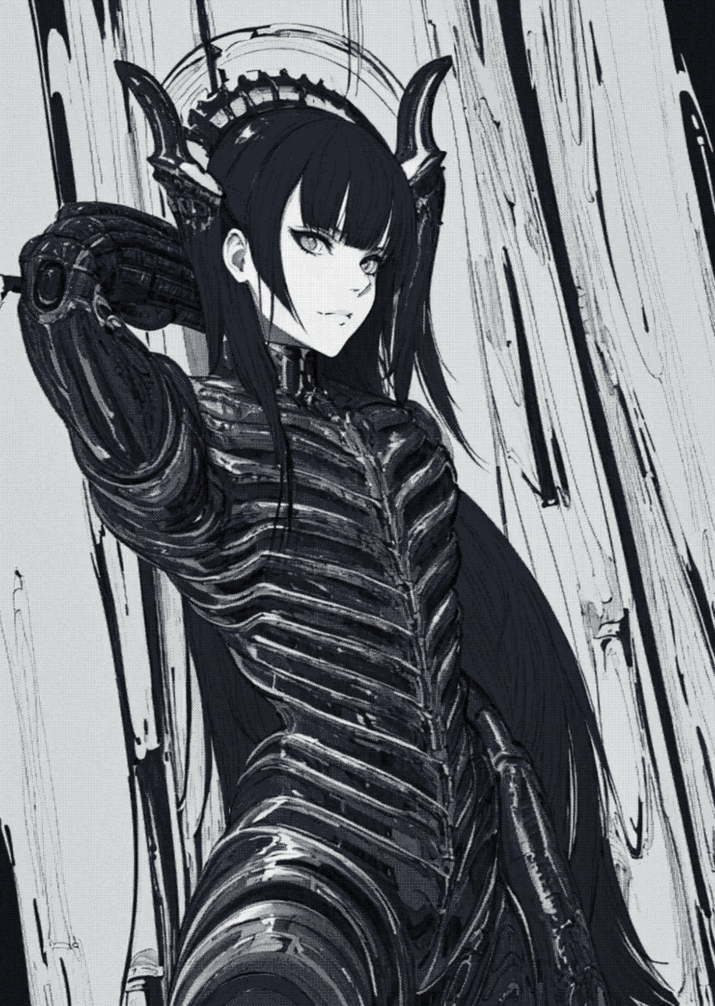 Monochrome anime girl with horns and armor HD Phone Wallpaper