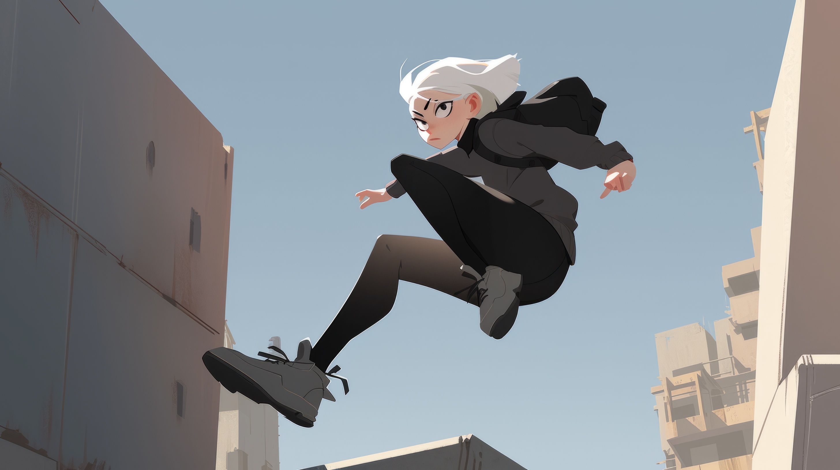 Cartoon woman performing parkour jump between buildings HD Wallpaper