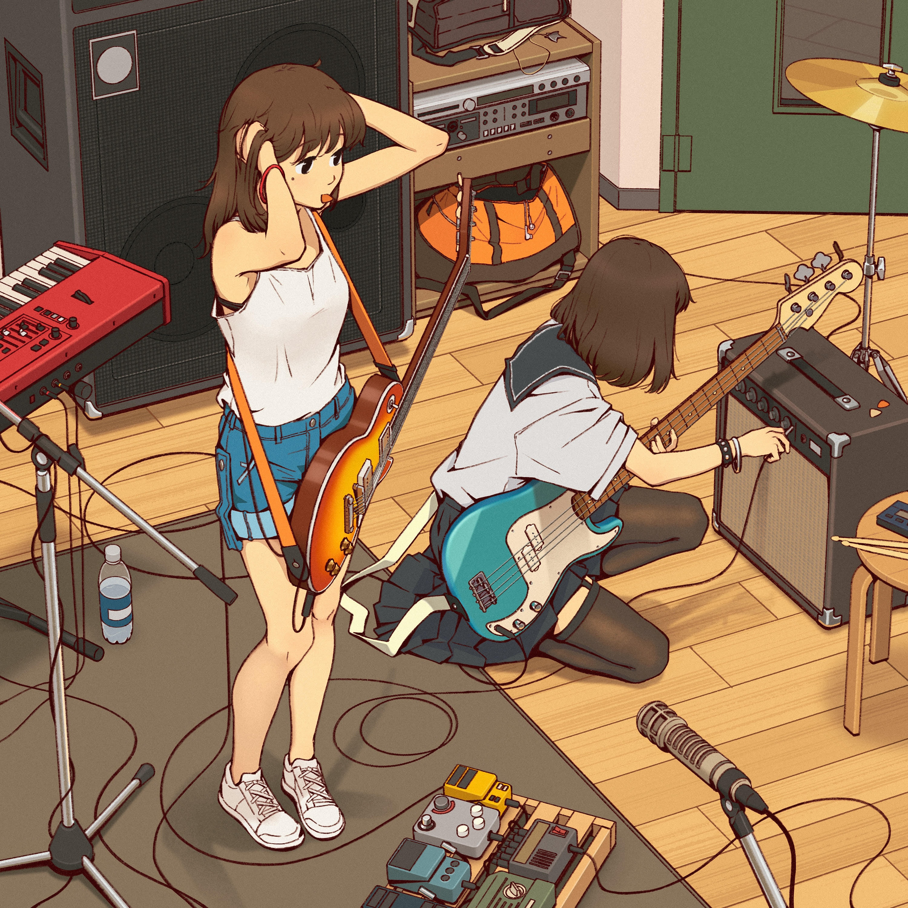 Two girls playing guitars in a music studio HD Wallpaper
