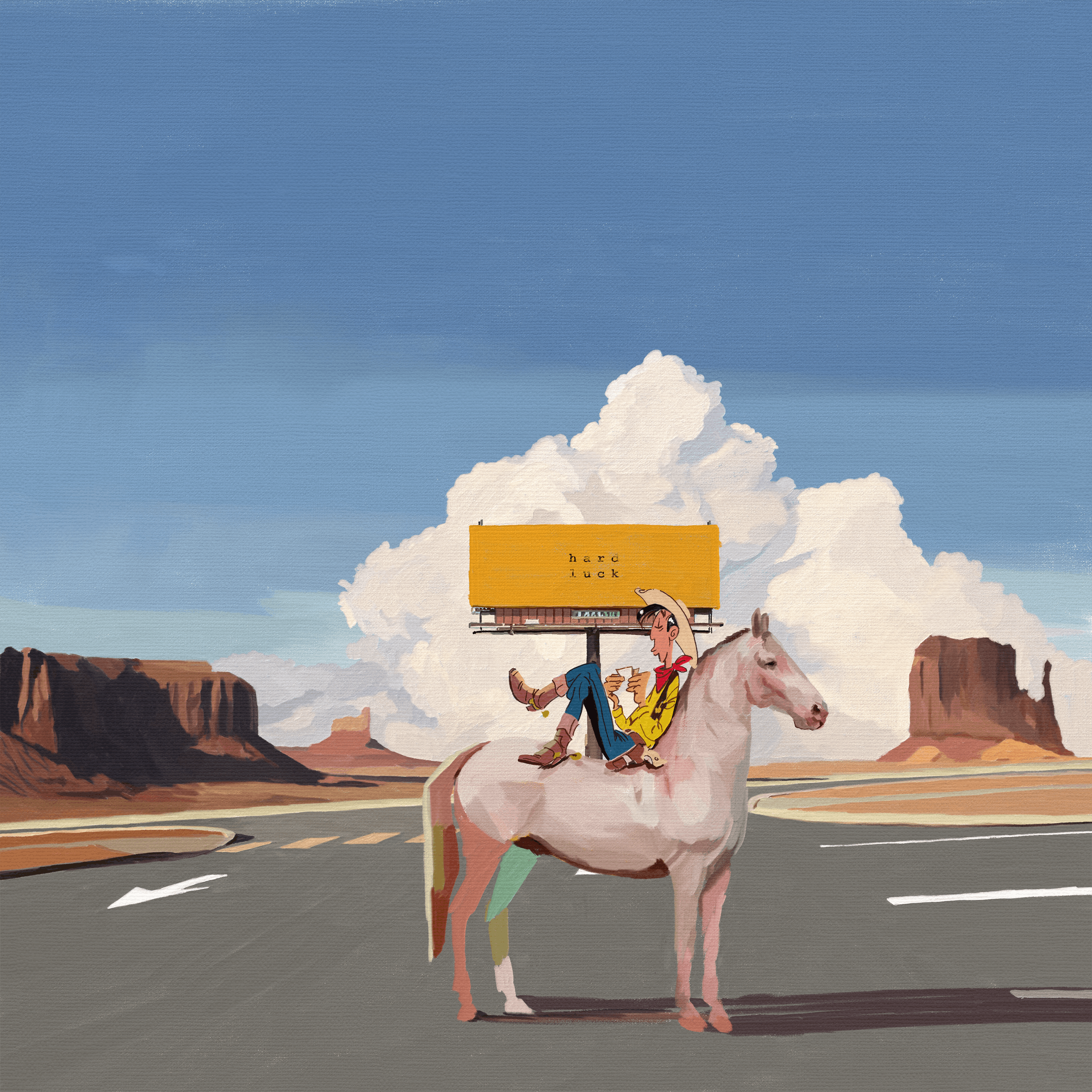 Lucky Luke on a horse in the desert with a billboard HD Wallpaper
