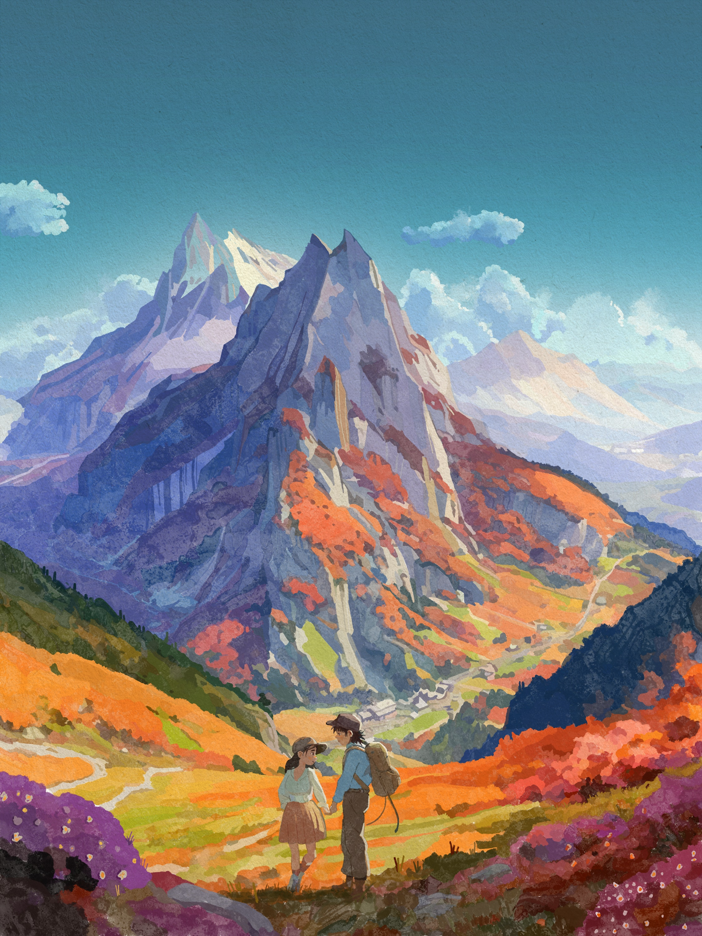 Couple holding hands in front of majestic mountains HD Phone Wallpaper