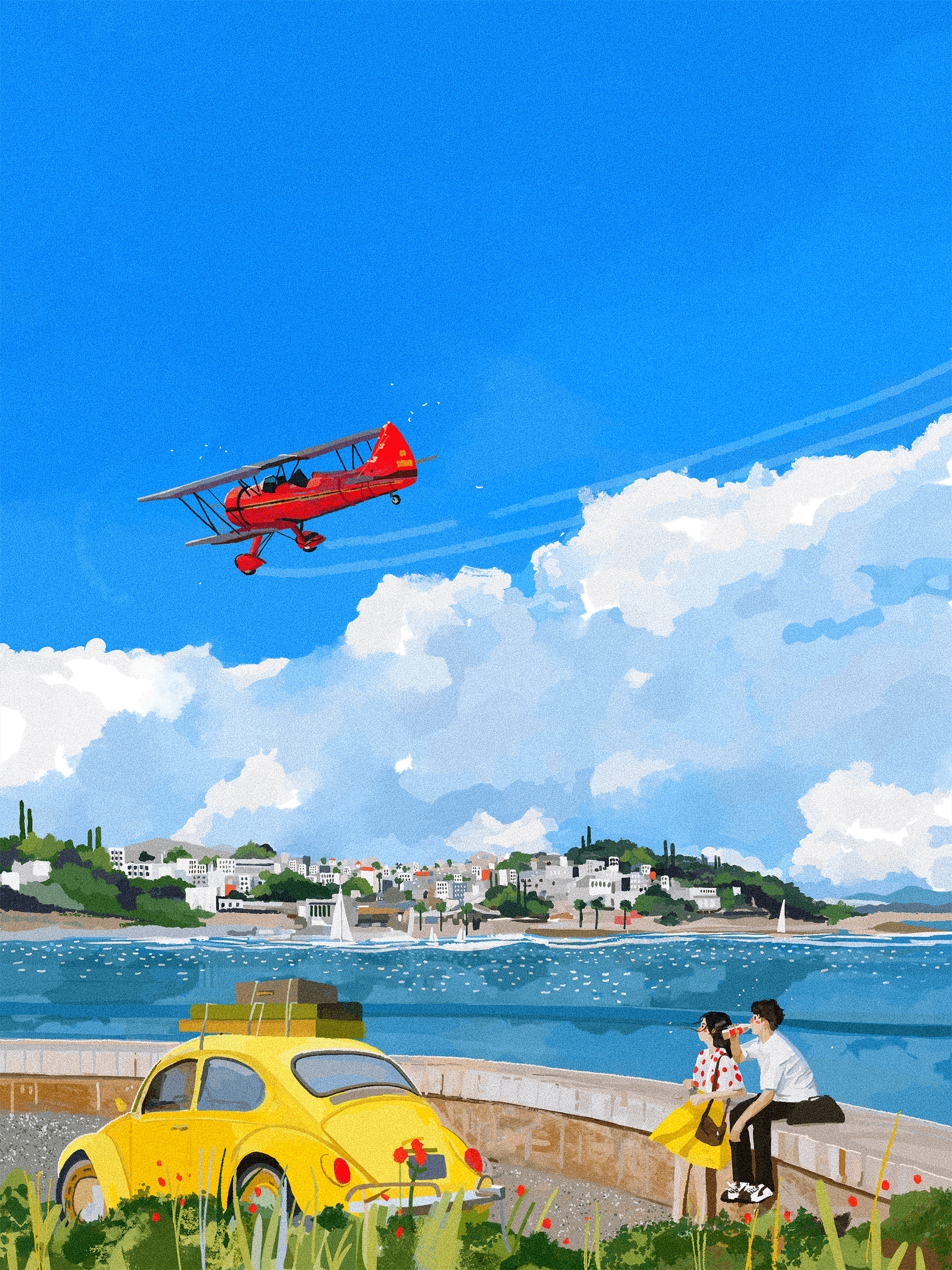 Couple by a yellow Volkswagen Beetle with a biplane overhead HD Phone Wallpaper
