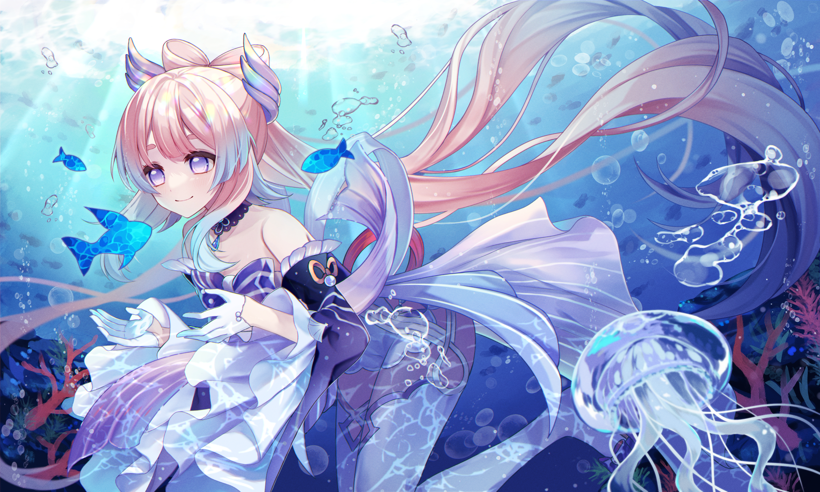 Sangonomiya Kokomi underwater with fish and jellyfish HD Wallpaper