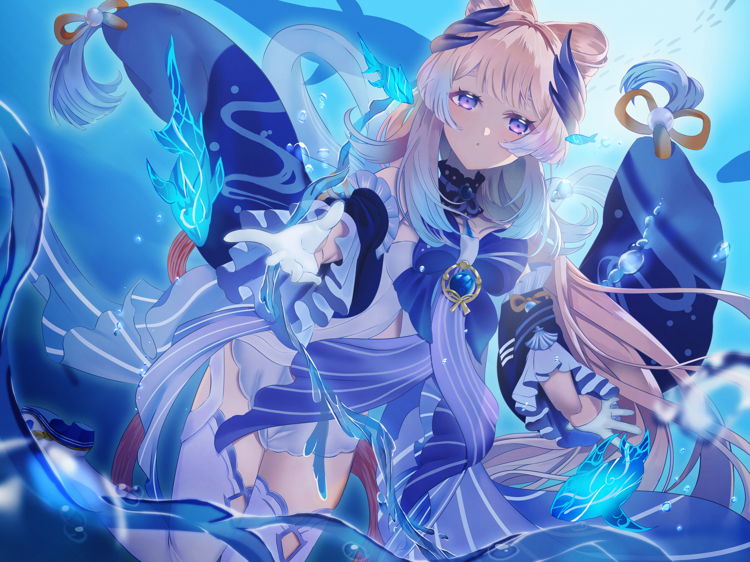 Sangonomiya Kokomi underwater with fish and bubbles HD Wallpaper