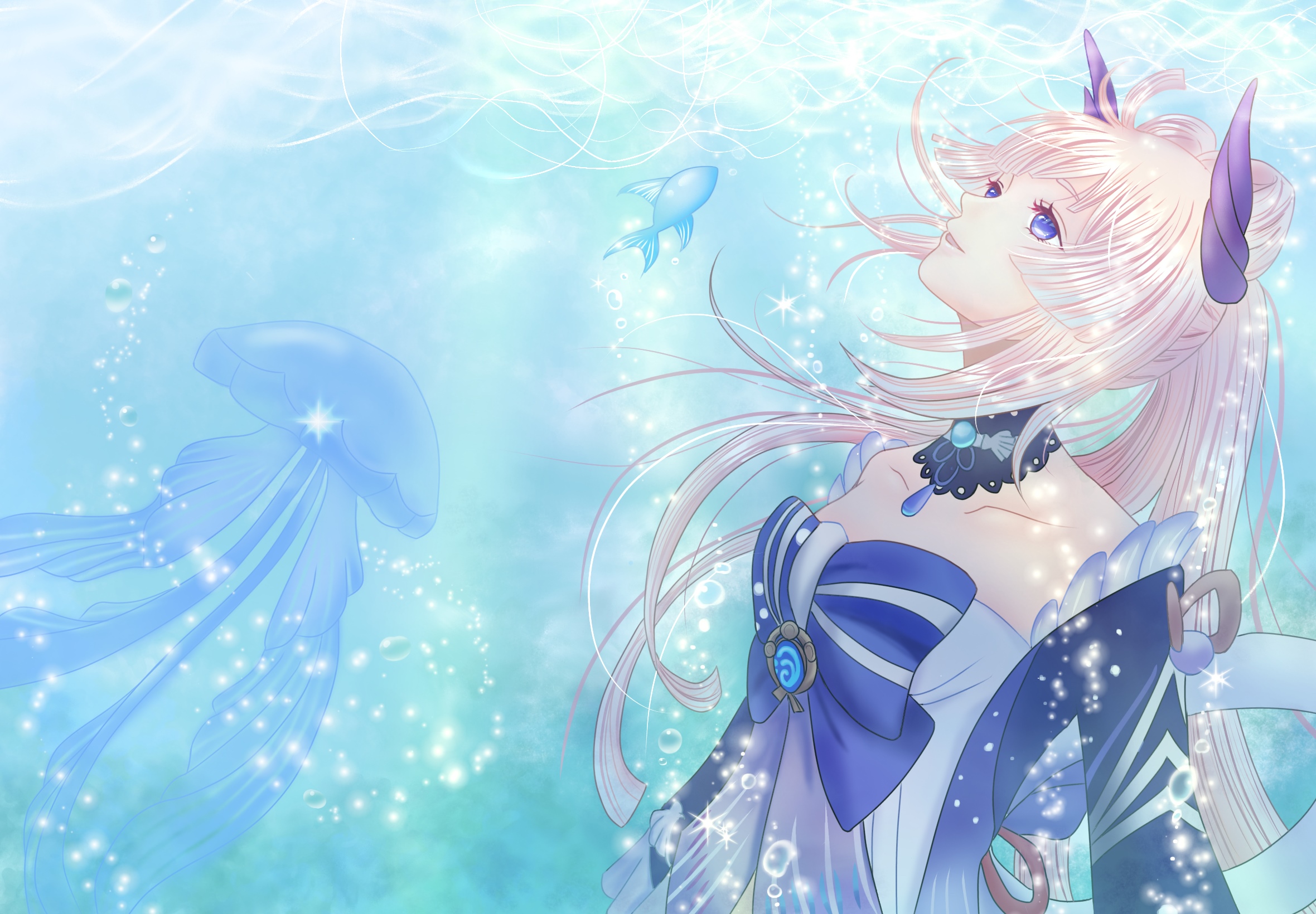 Sangonomiya Kokomi underwater with jellyfish and fish HD Wallpaper