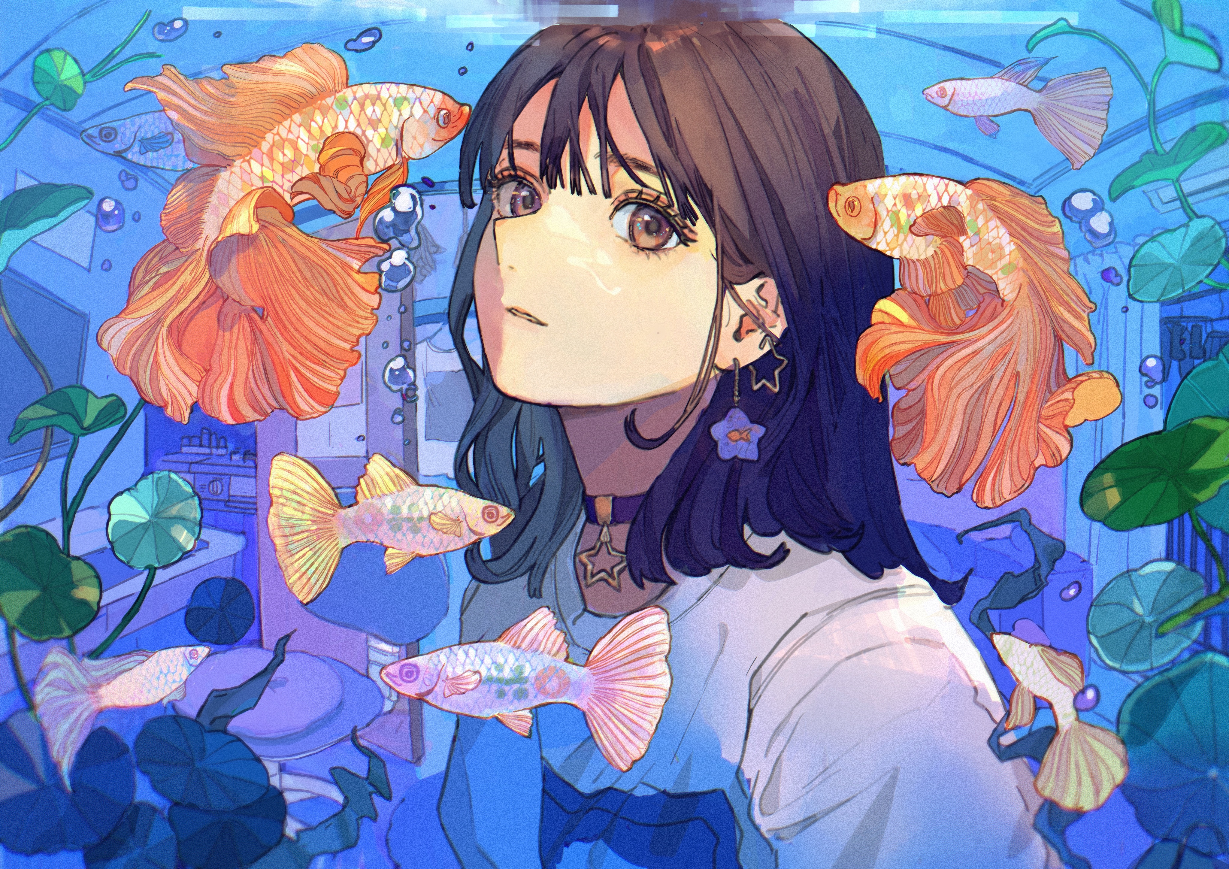 Girl with fish in aquarium HD Wallpaper