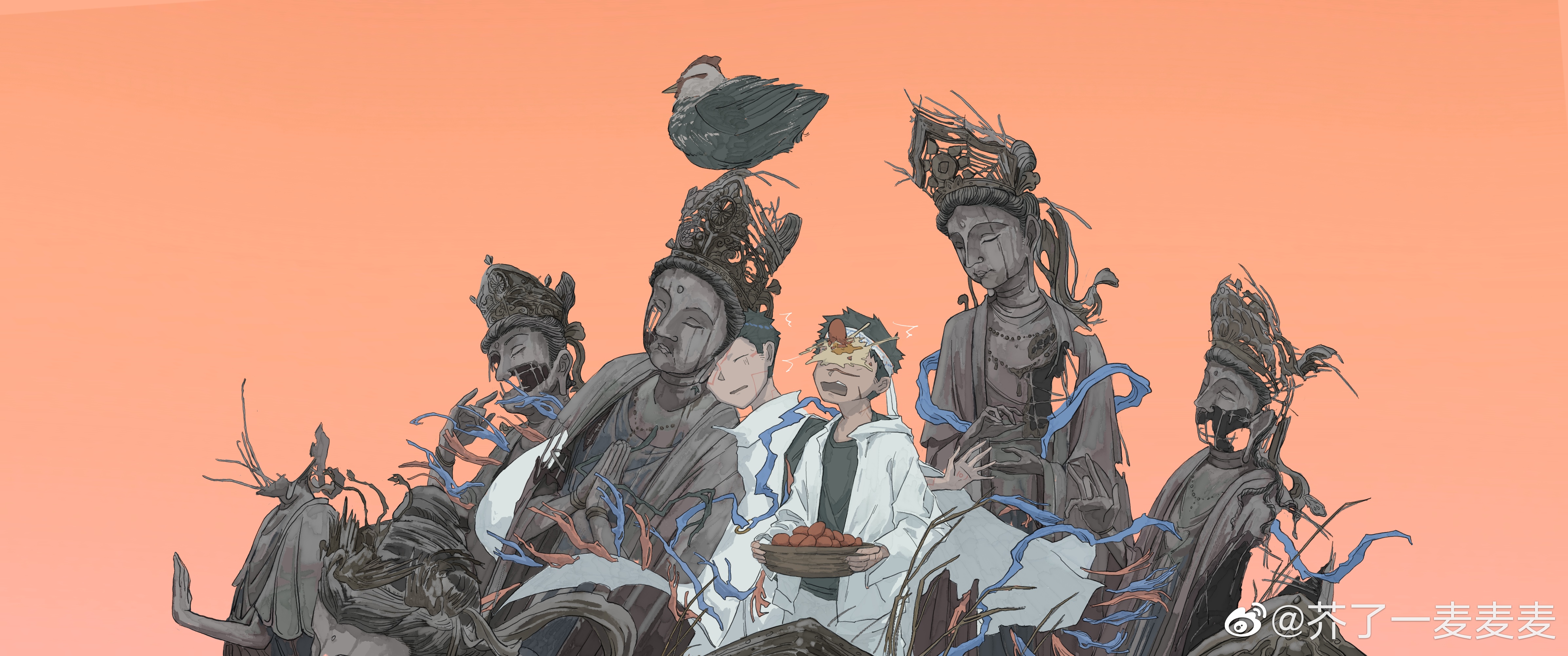 Anime boys with Buddhist statues and bird HD Wallpaper