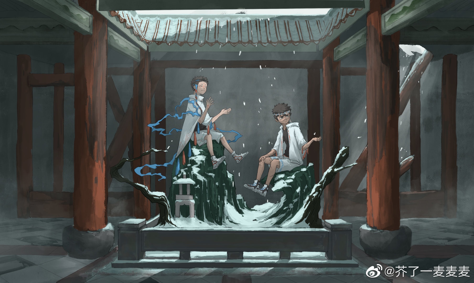 Two anime boys in a snowy courtyard HD Wallpaper