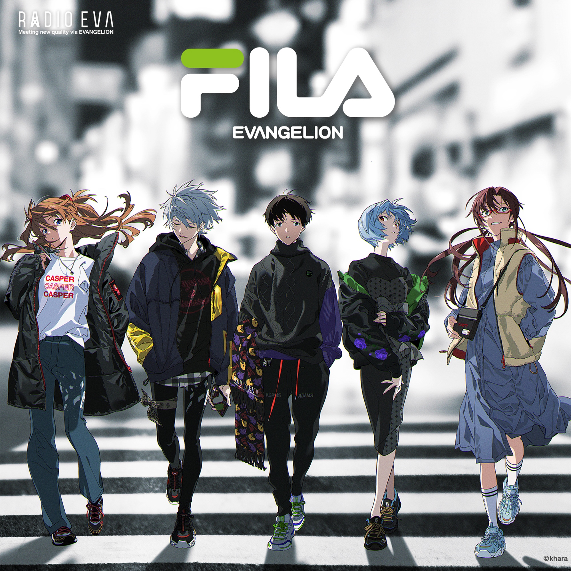 Fila x Evangelion characters walking on a street HD Wallpaper