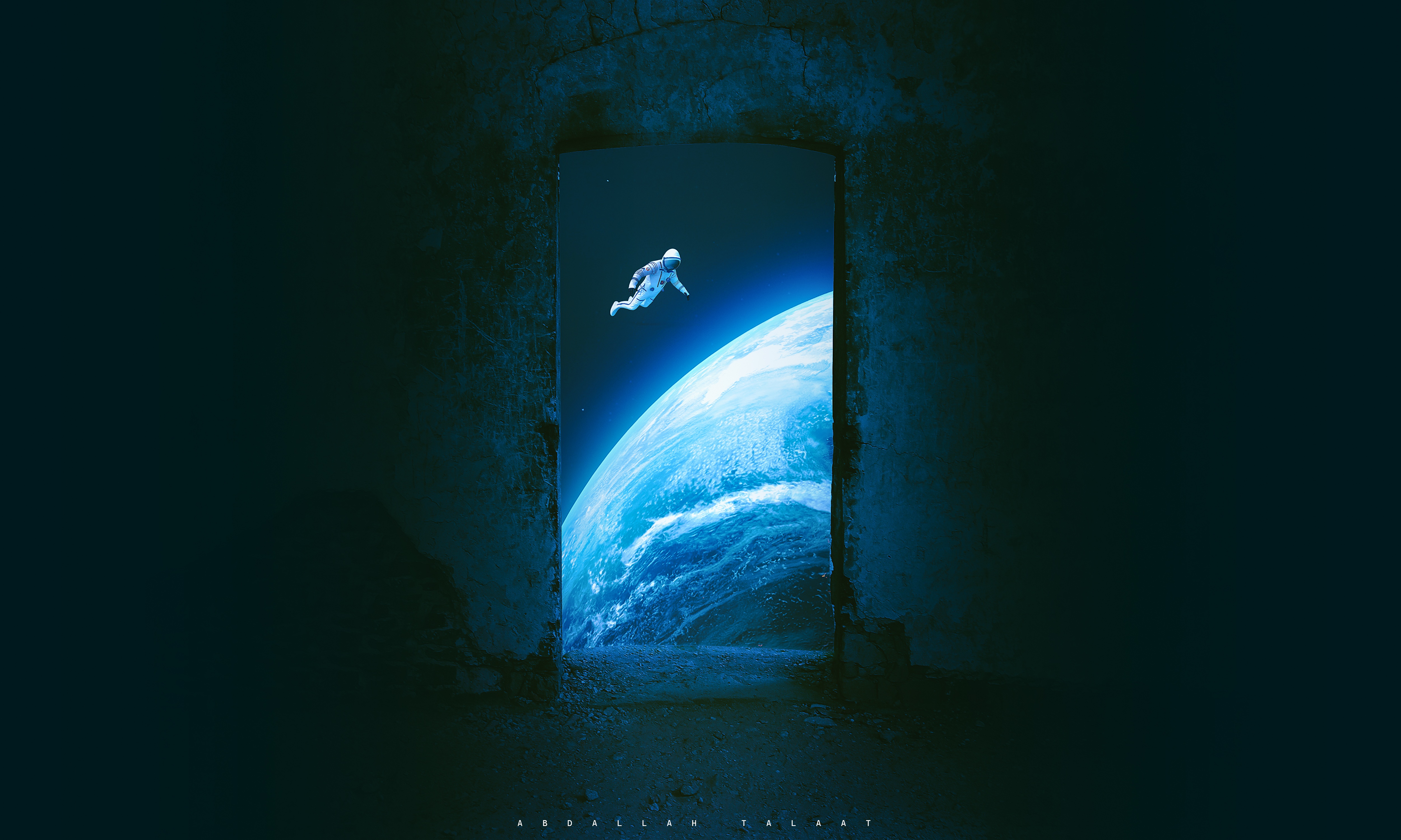 Astronaut floating in space through a doorway overlooking Earth HD Wallpaper