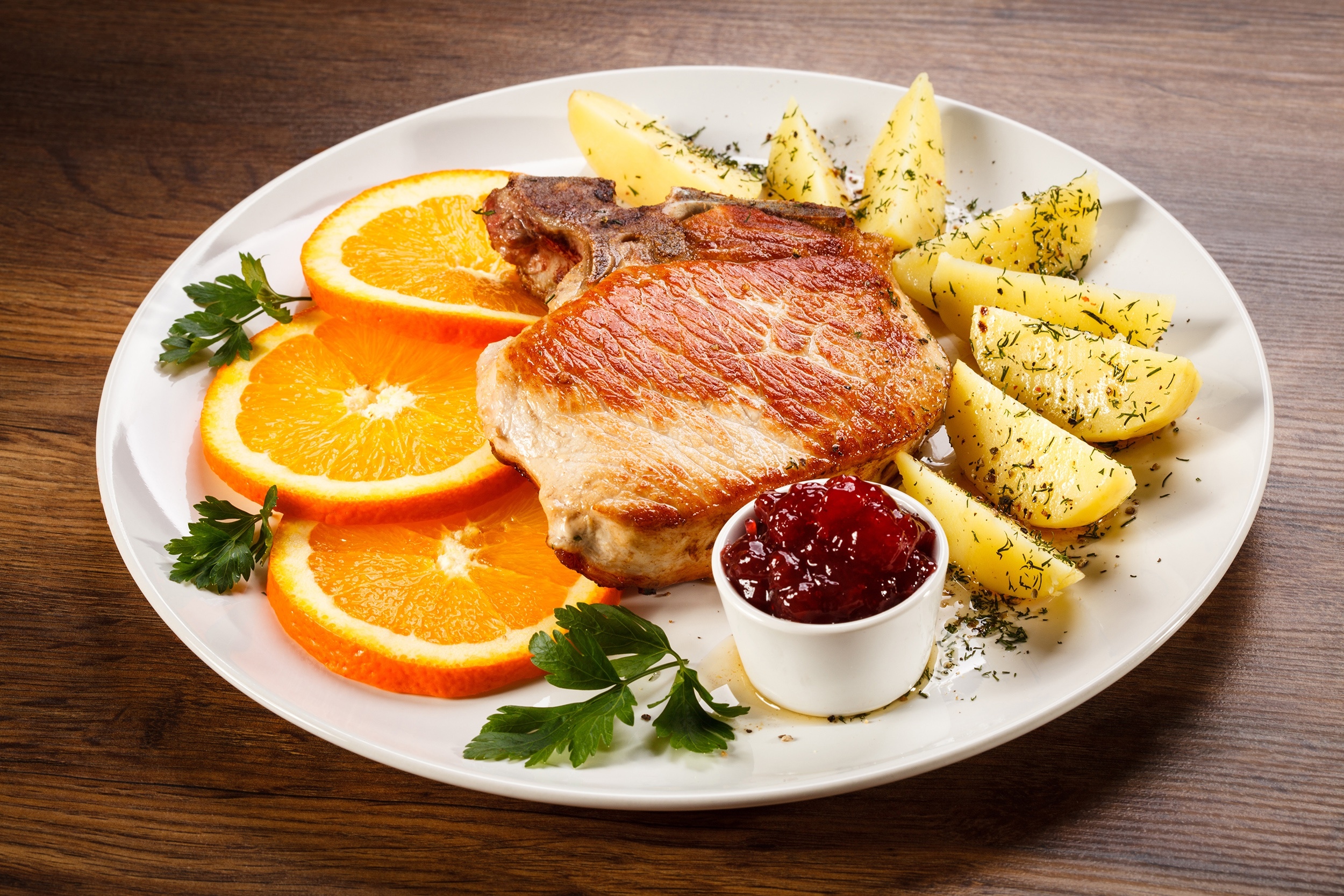 Pork chop with oranges and potatoes HD Wallpaper