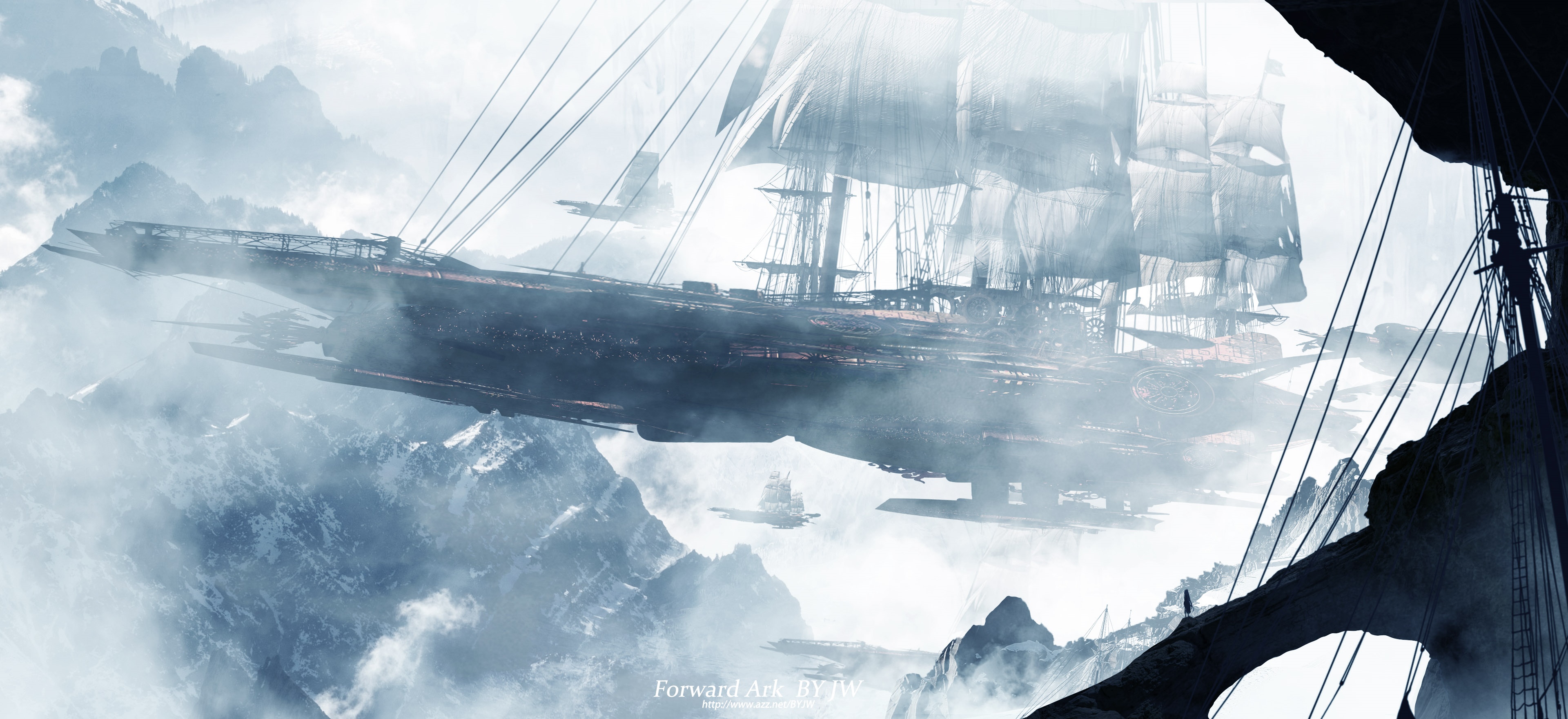 4K mist ship sailing through mountains HD Wallpaper