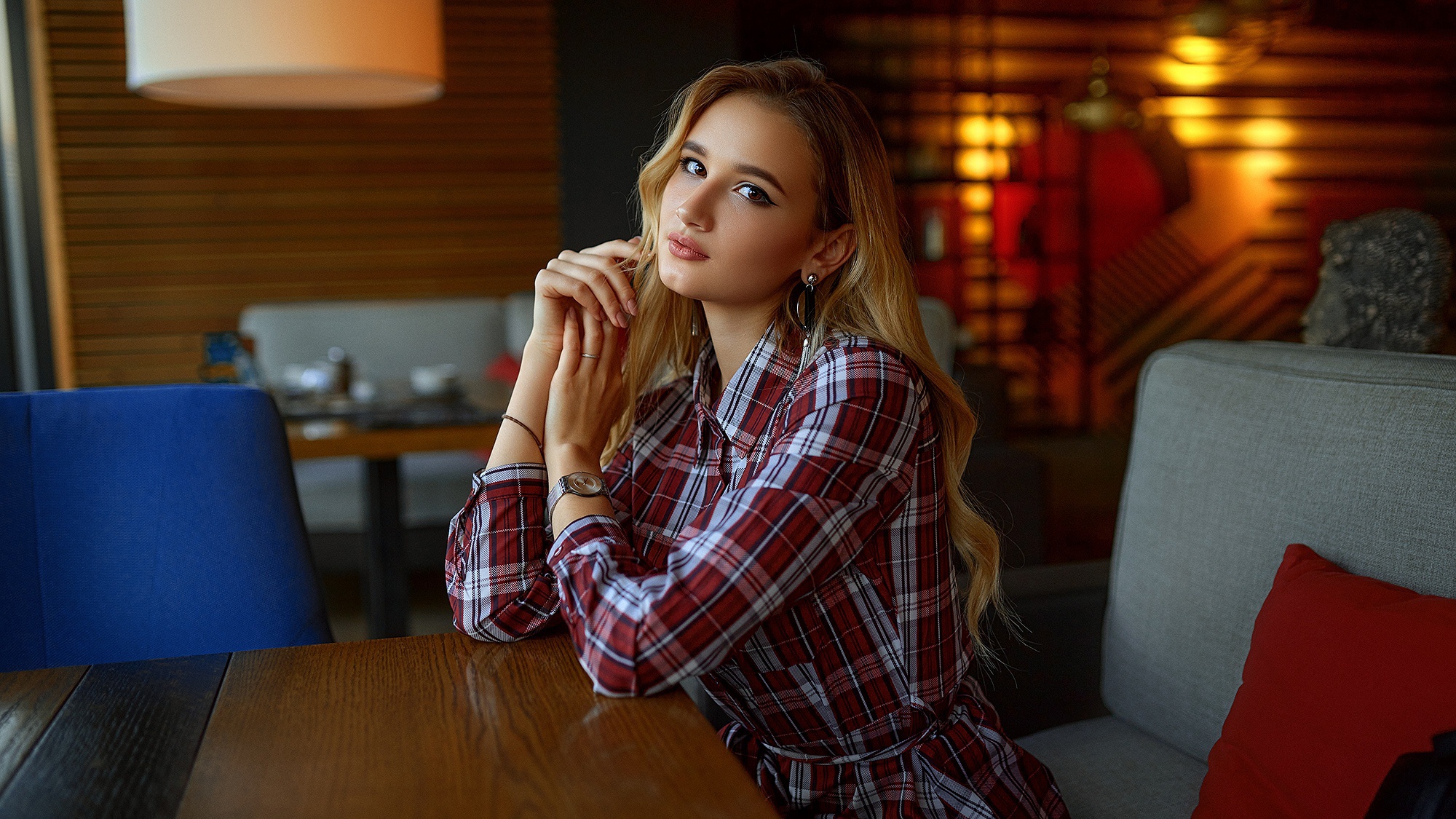Woman with blonde hair in a plaid shirt HD Wallpaper