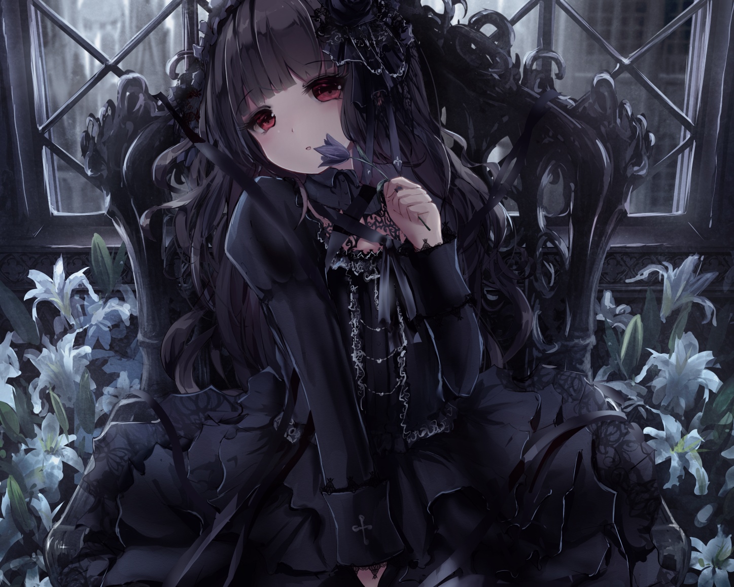 Gothic anime girl with red eyes sitting by a window HD Wallpaper