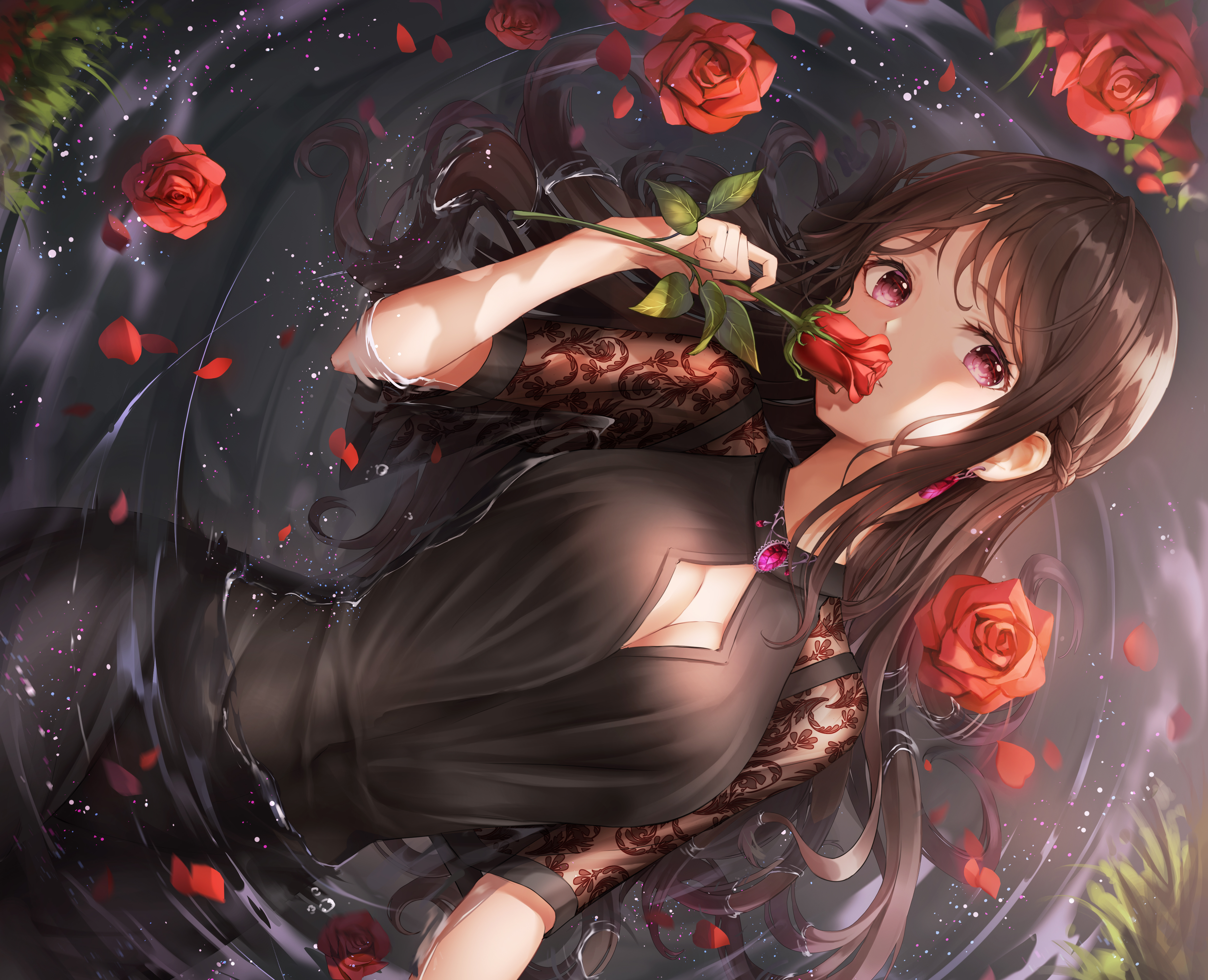 4K anime girl in black dress with roses in water HD Wallpaper
