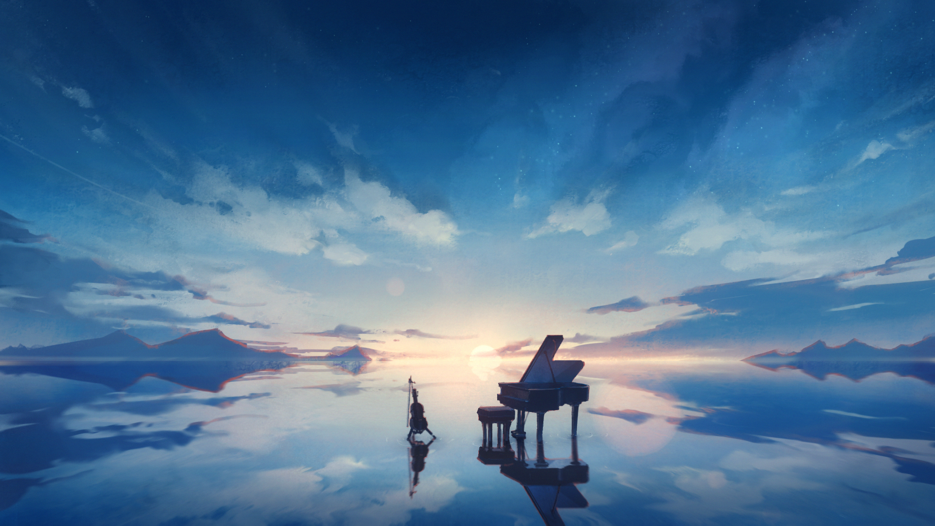 Piano and cello on a reflective surface under a cloudy sky HD Wallpaper